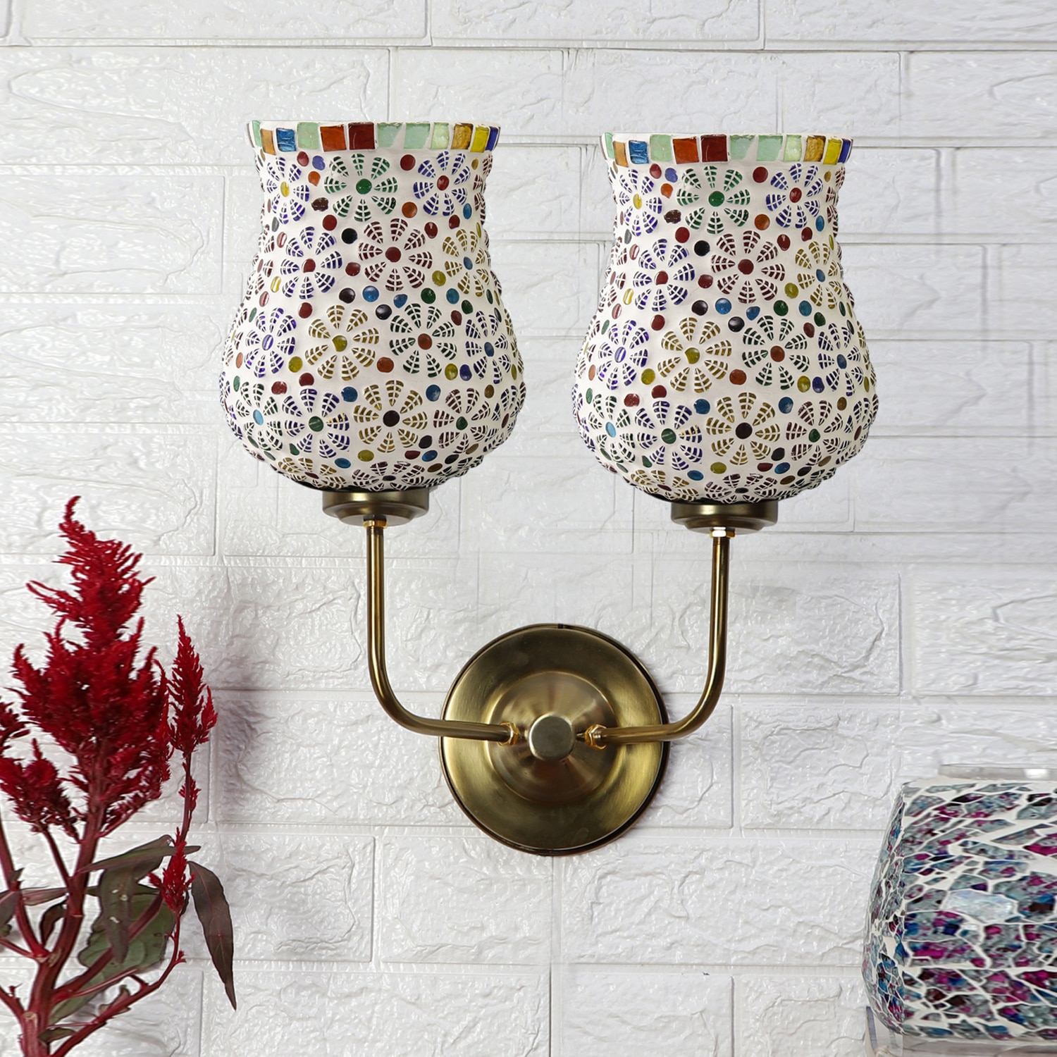 Devansh Metal Electric Wall Light in Gold Colour with Multicolor Shade Count of 2 Lights - Devansh