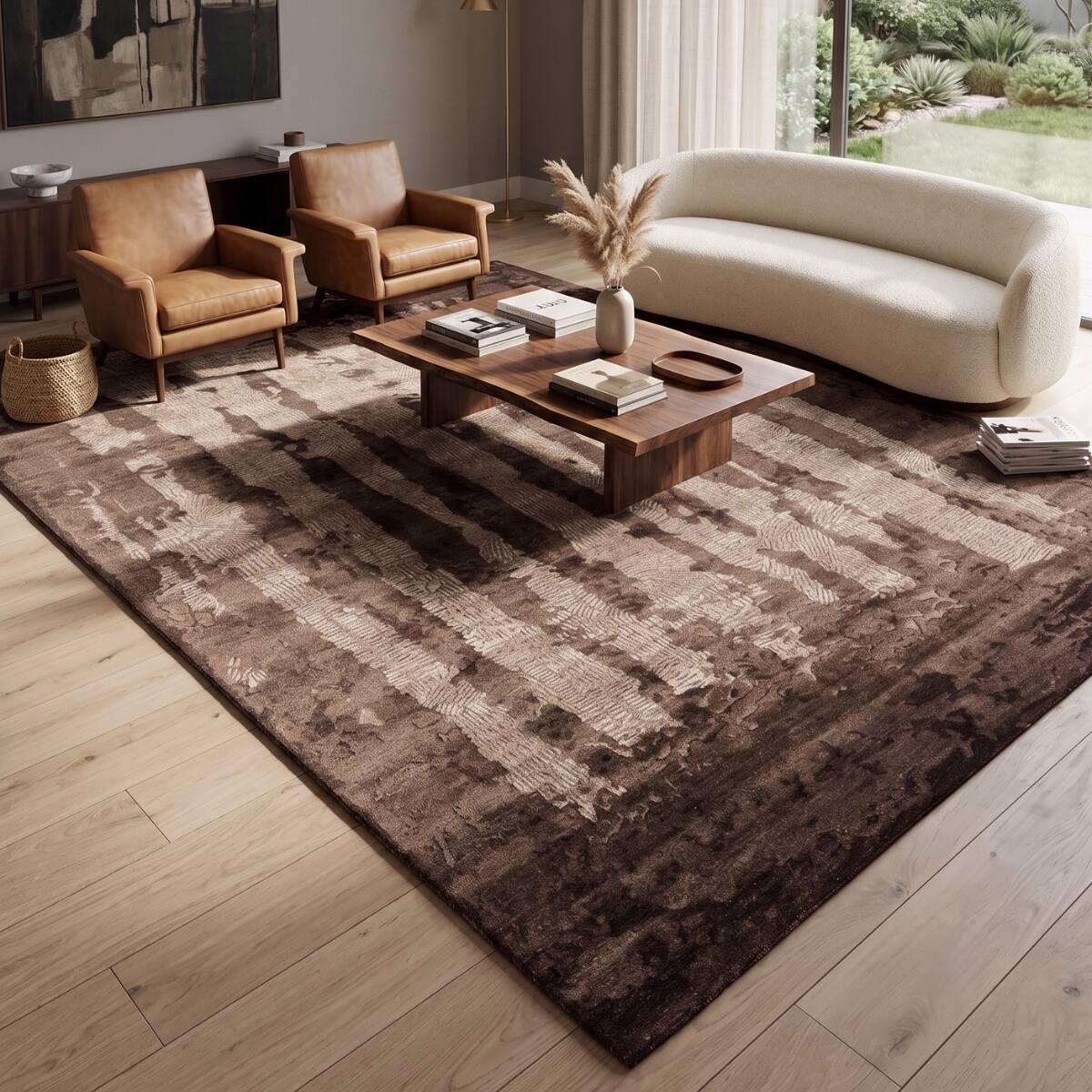 Abstract Brown Wool Silk Handmade Area Rug for Living Room 6x9
