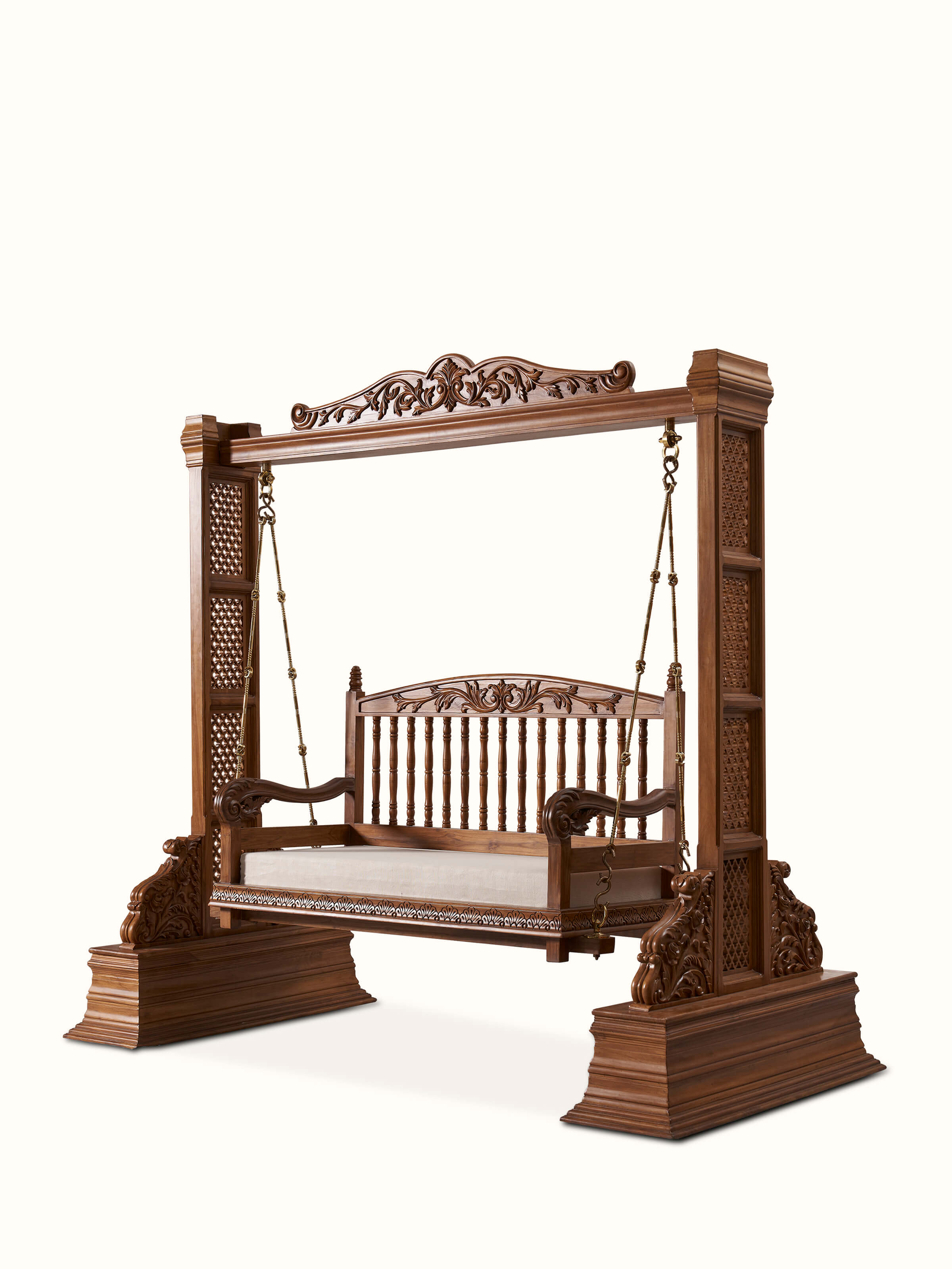 Side view of the upholstered Sheesham wood 2-seater swing, highlighting the detailed woodwork and plush seating
