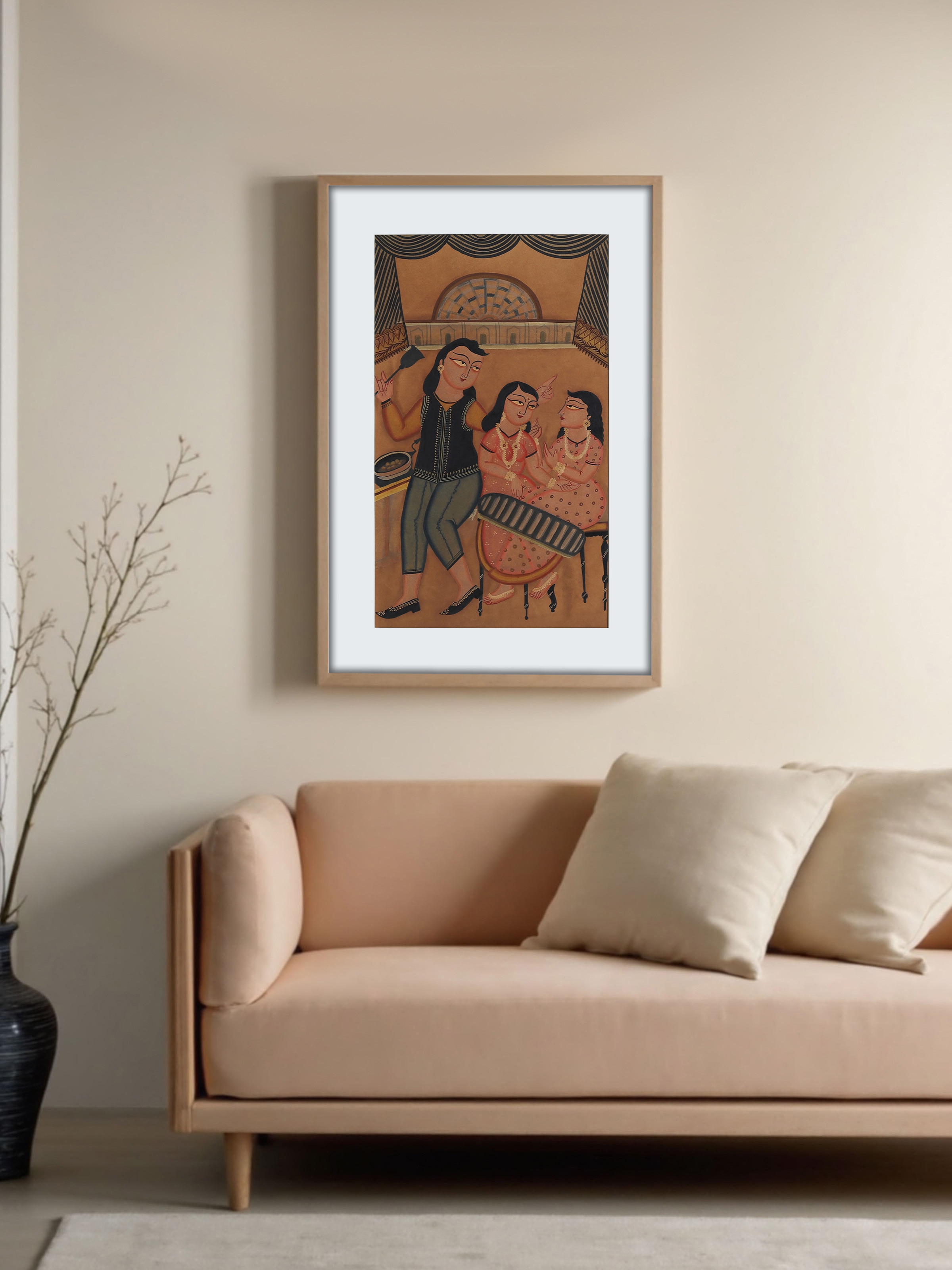 Hand-painted Adda scene Kalighat artwork showing traditional social gathering