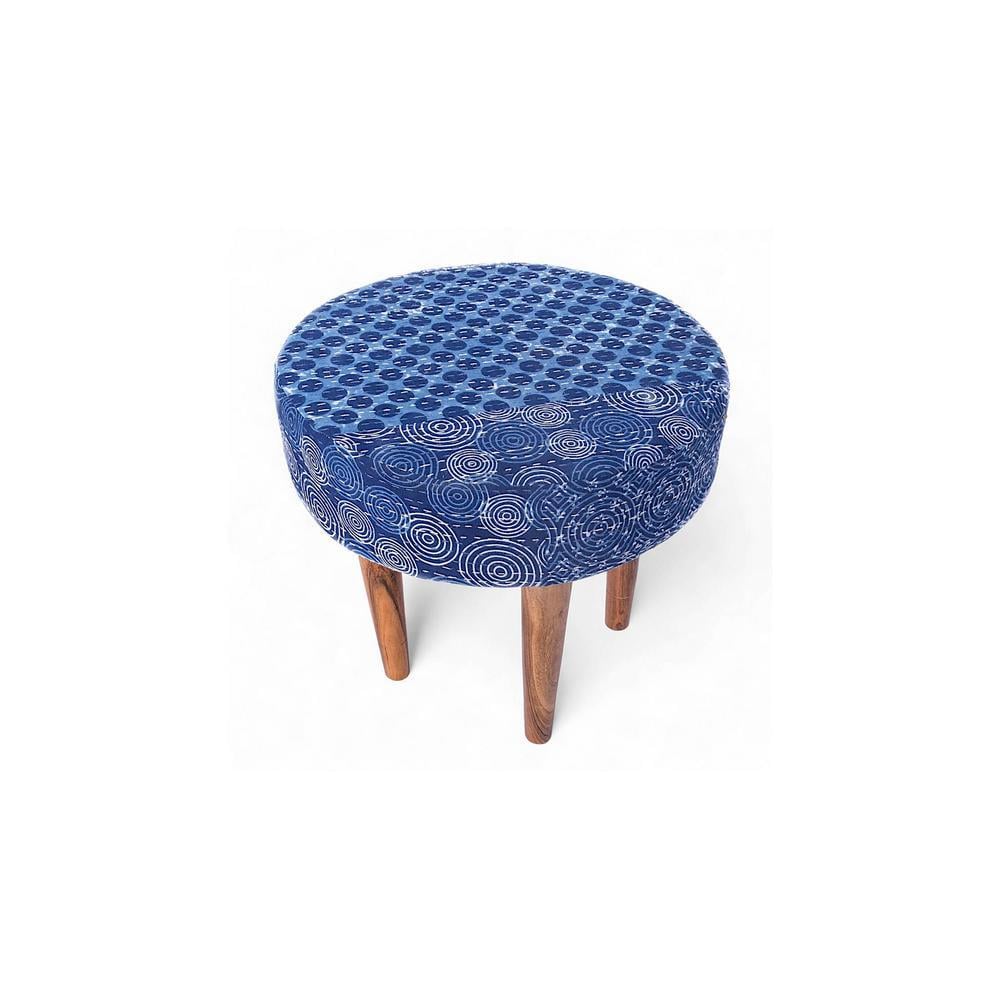 Nayla Solid Wood Stool in Indigo Patch Kantha Fabric