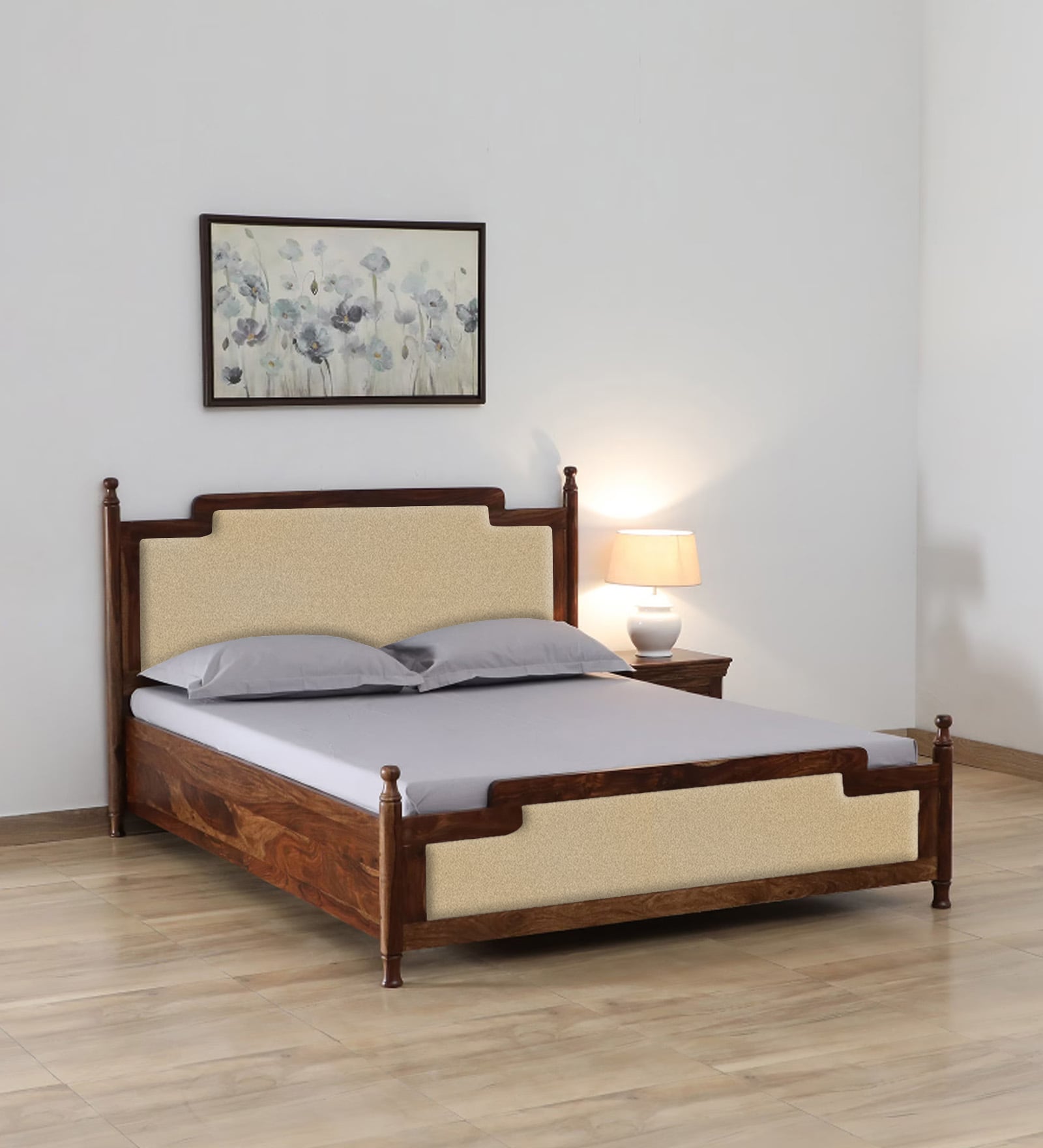 Domino Solid Wood Storage Bed In Beige Colour