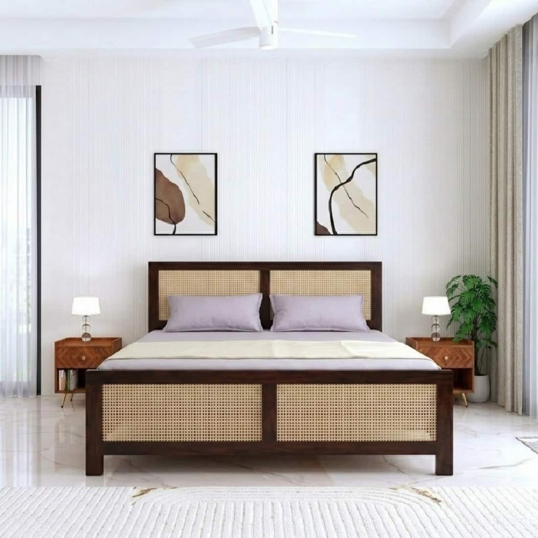 Rita Solid Wood Rattan Cane Designed Queen Size Box Storage Bed In Tubbeco Finish - Demiwall