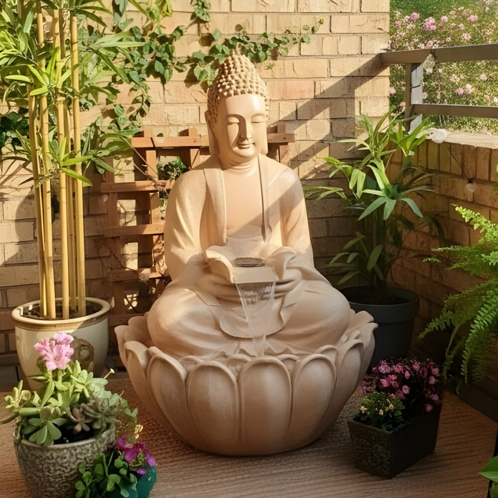 Beige Fiber Vespera Glass Lotus Buddha Indoor Water Fountain