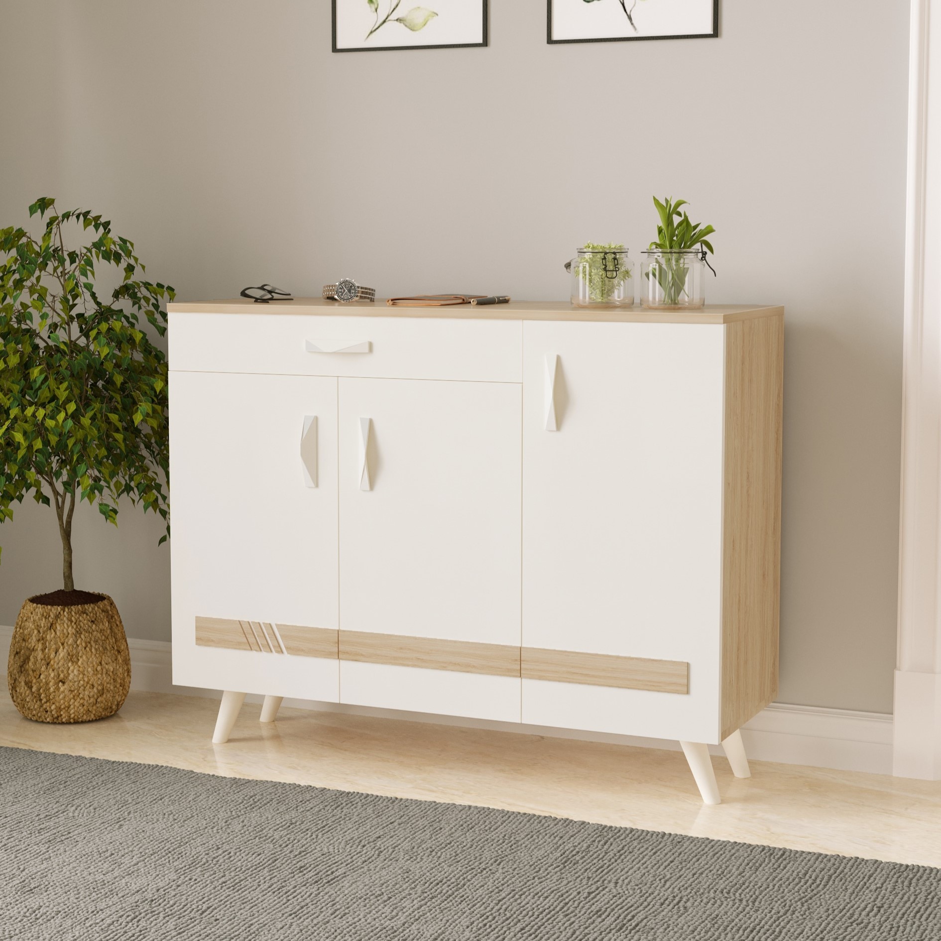 Bluewud Kaspen Engineered Wood Shoe Racks In European Oak & White Finish