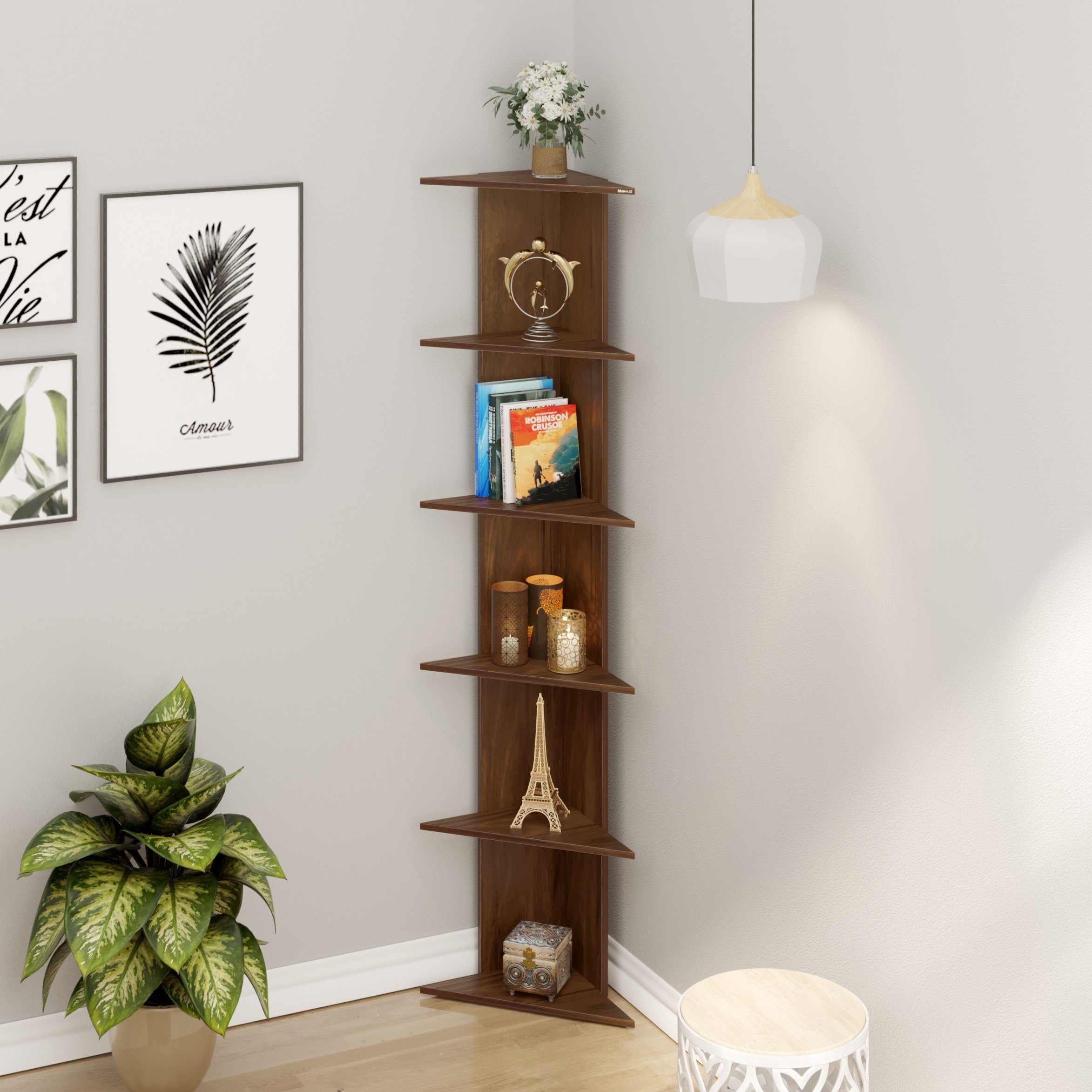 BLUEWUD Cadlic Engineered Wood Wall Decor Multi-Tier Corner Shelf Display Rack Decorative Hall D�cor for Living Room Home Furniture 6 Shelves (Brown Maple)