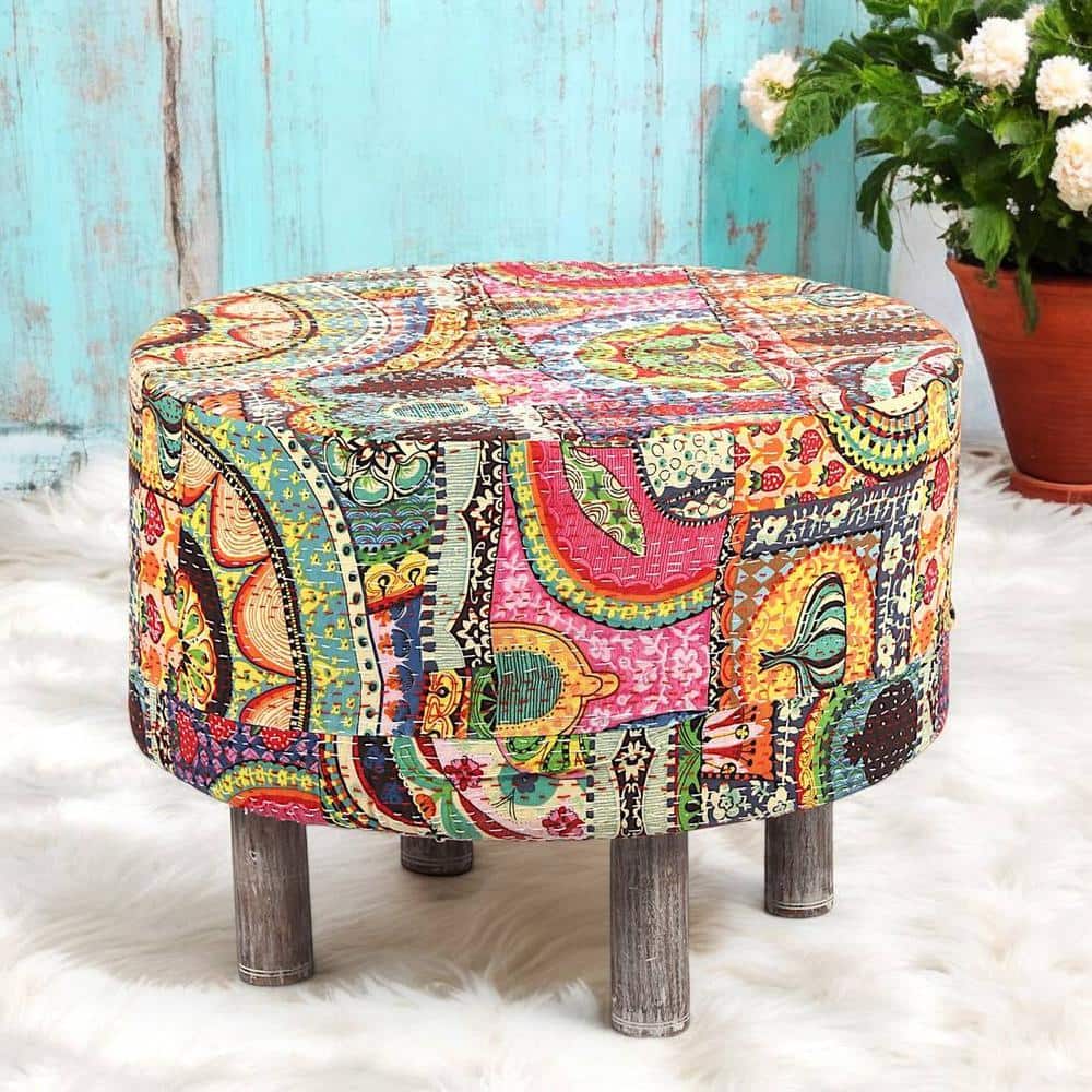 Rosslyn Solid Wood Ottoman Pouffee in Multi Colour Israel Print Kantha fabric