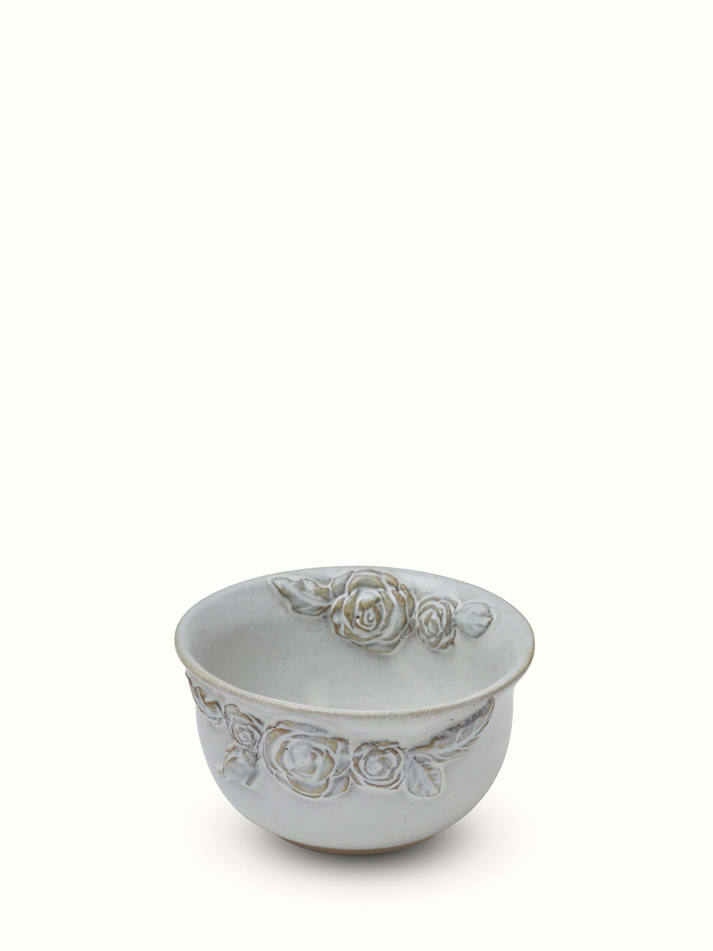 Front view of Studio pottery ceramic nut bowl with detailed glaze finish