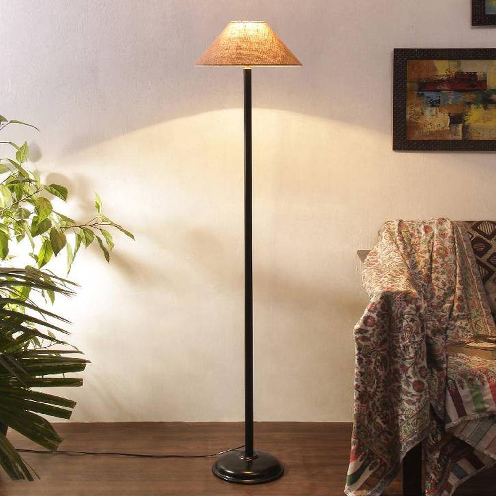 Winifred Beige Natural Fiber Floor Lamp with Black Iron Base