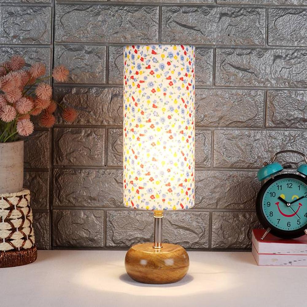 Sylvia Multicolour Fabric Shade Table Lamp with Natural Wooden Base