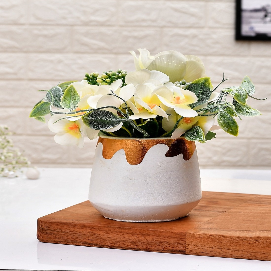 Artificial Freesia Flowers & White Rose With White Pot