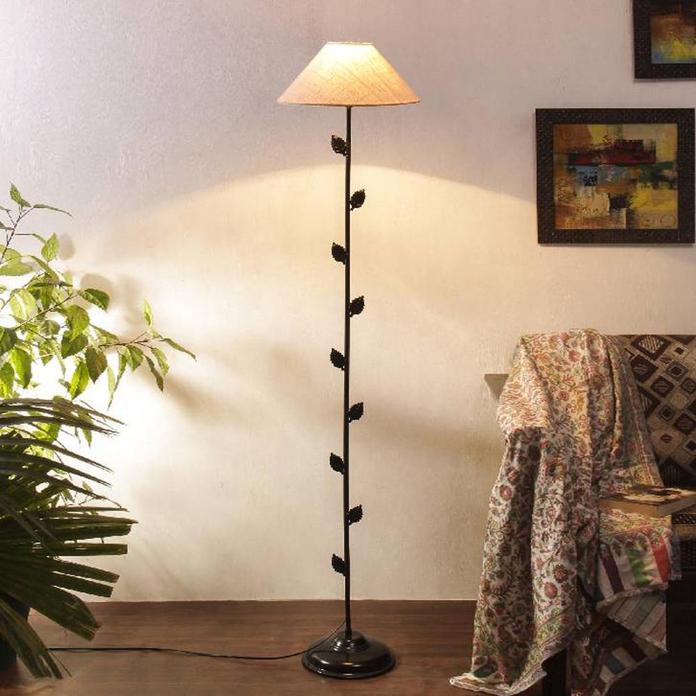 Evander White Natural Fiber Floor Lamp with Black Iron Base