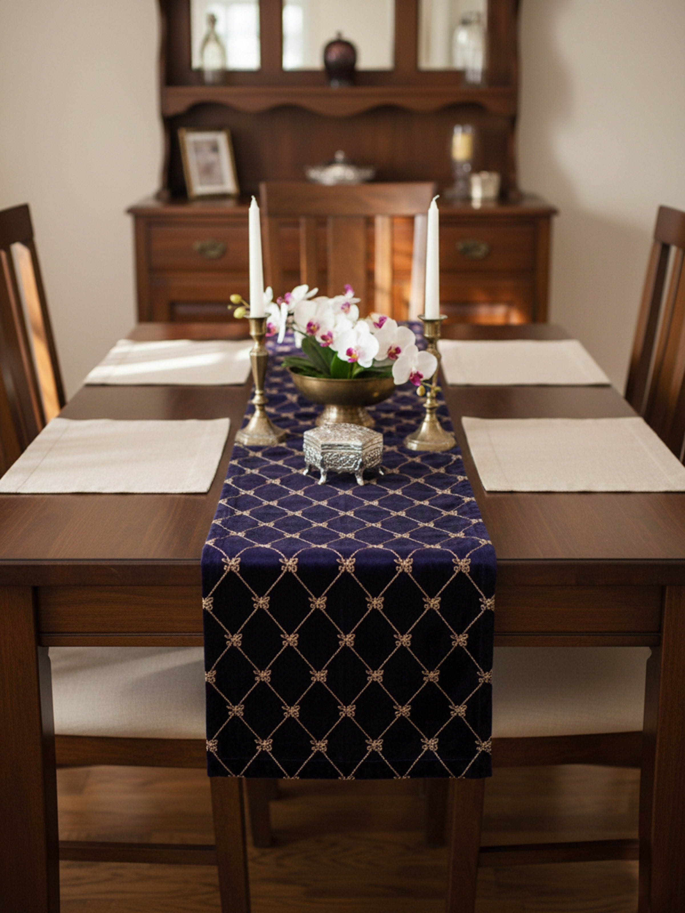 Vanita navy blue Banarasi brocade silk table runner styled on dining table