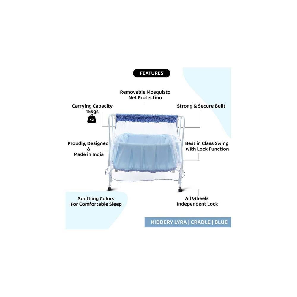 Lyra Stainless Steel Baby Cradle with Mosquito Net Clouds &Checks
