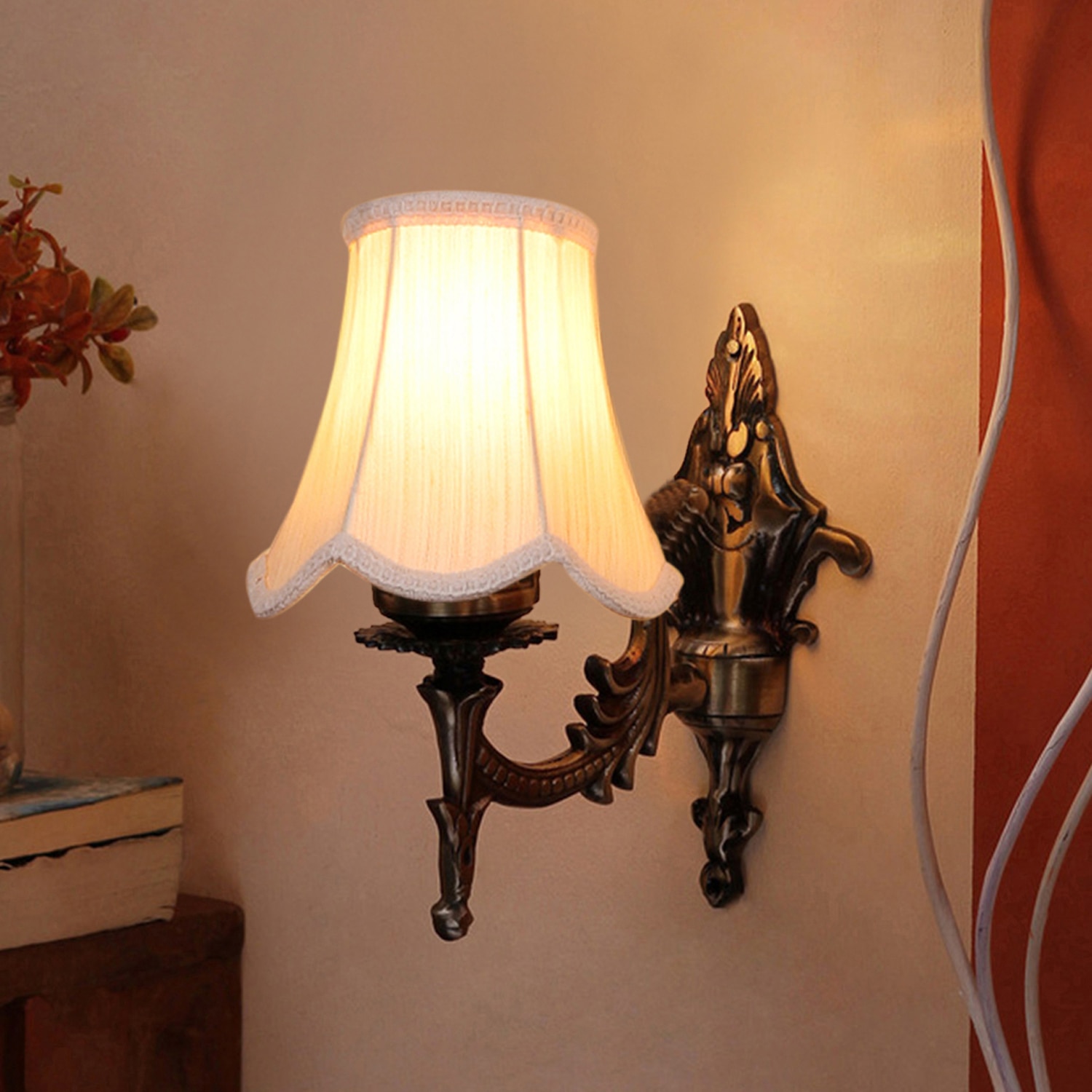 Devansh Gold Antique Wall Mounted Lamp With Off-White Cotton Shade - Devansh