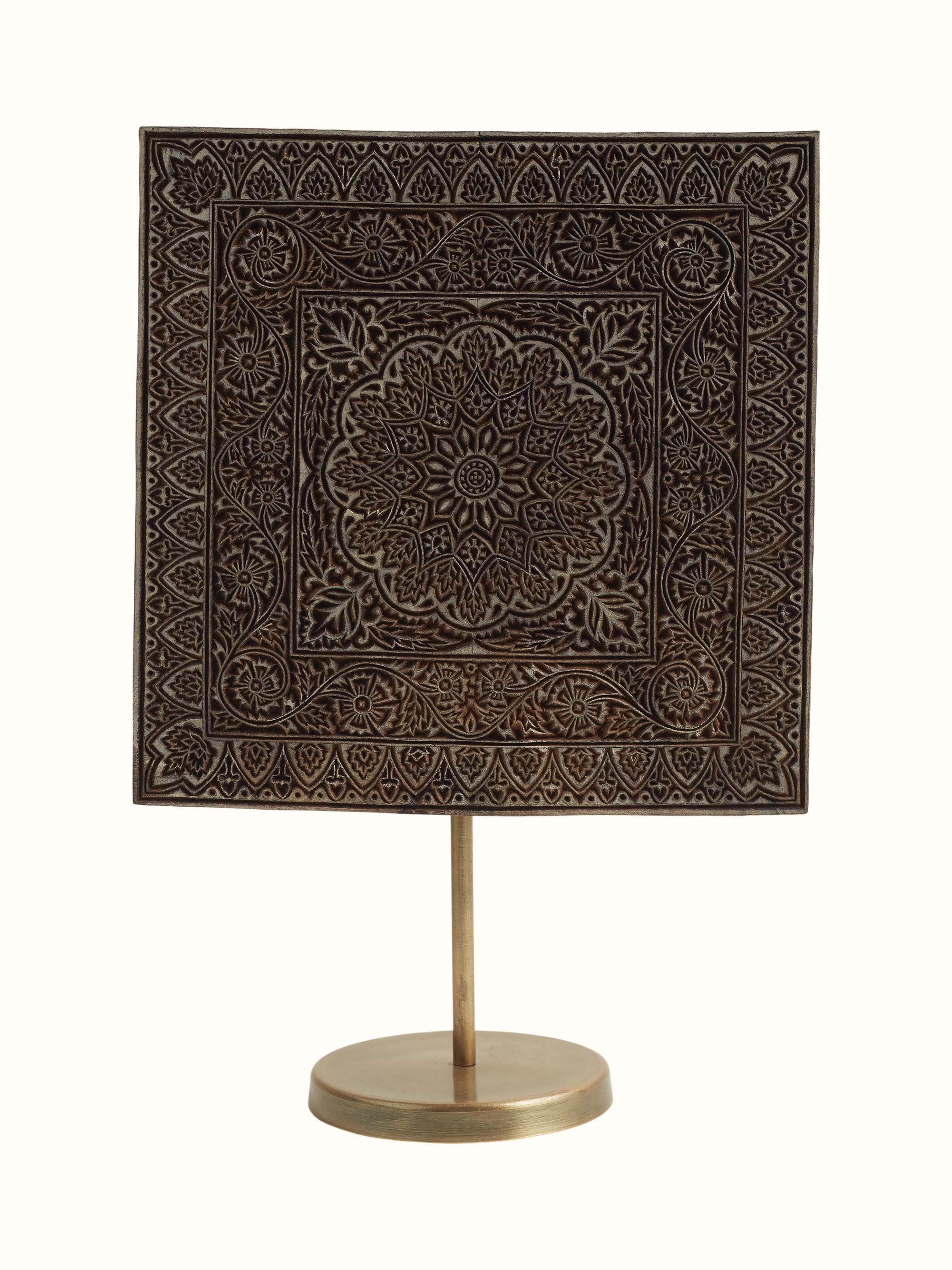 Sheesham wood carved square wooden block with traditional pattern – front view