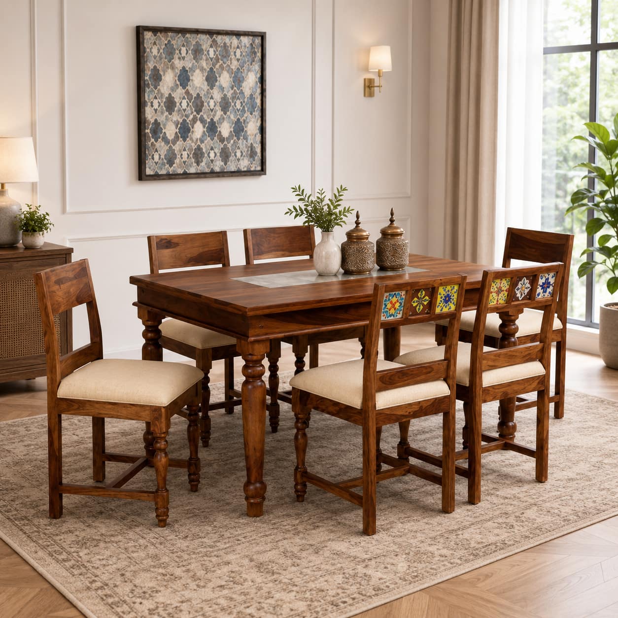 Rangrez Sheesham Wood 6 Seater Dining Set in Provincial Teak Finish with Cushioned Chairs - Woodenmood