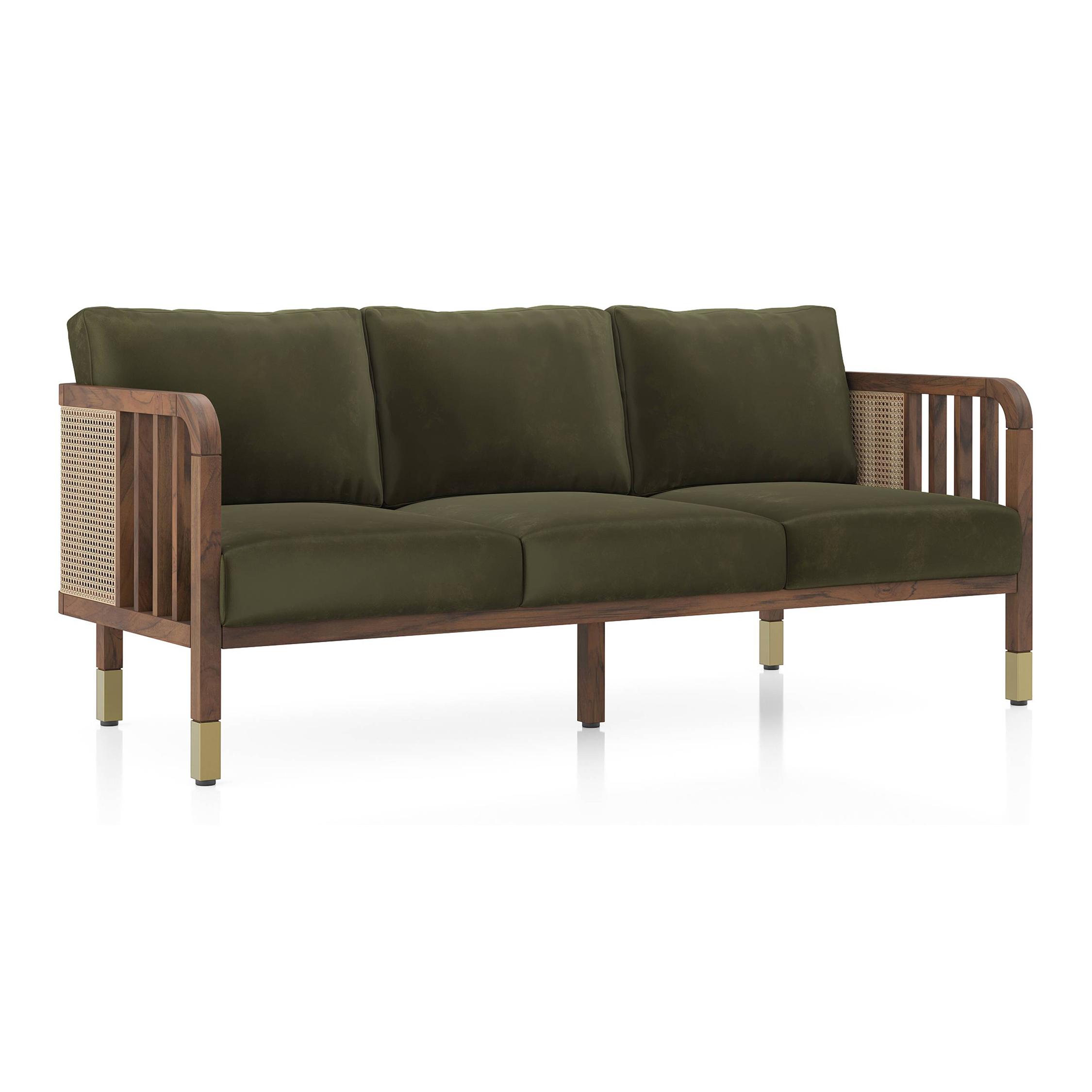 Taran 3 Seater Wooden Sofa in Deep Olive Velvet Colour