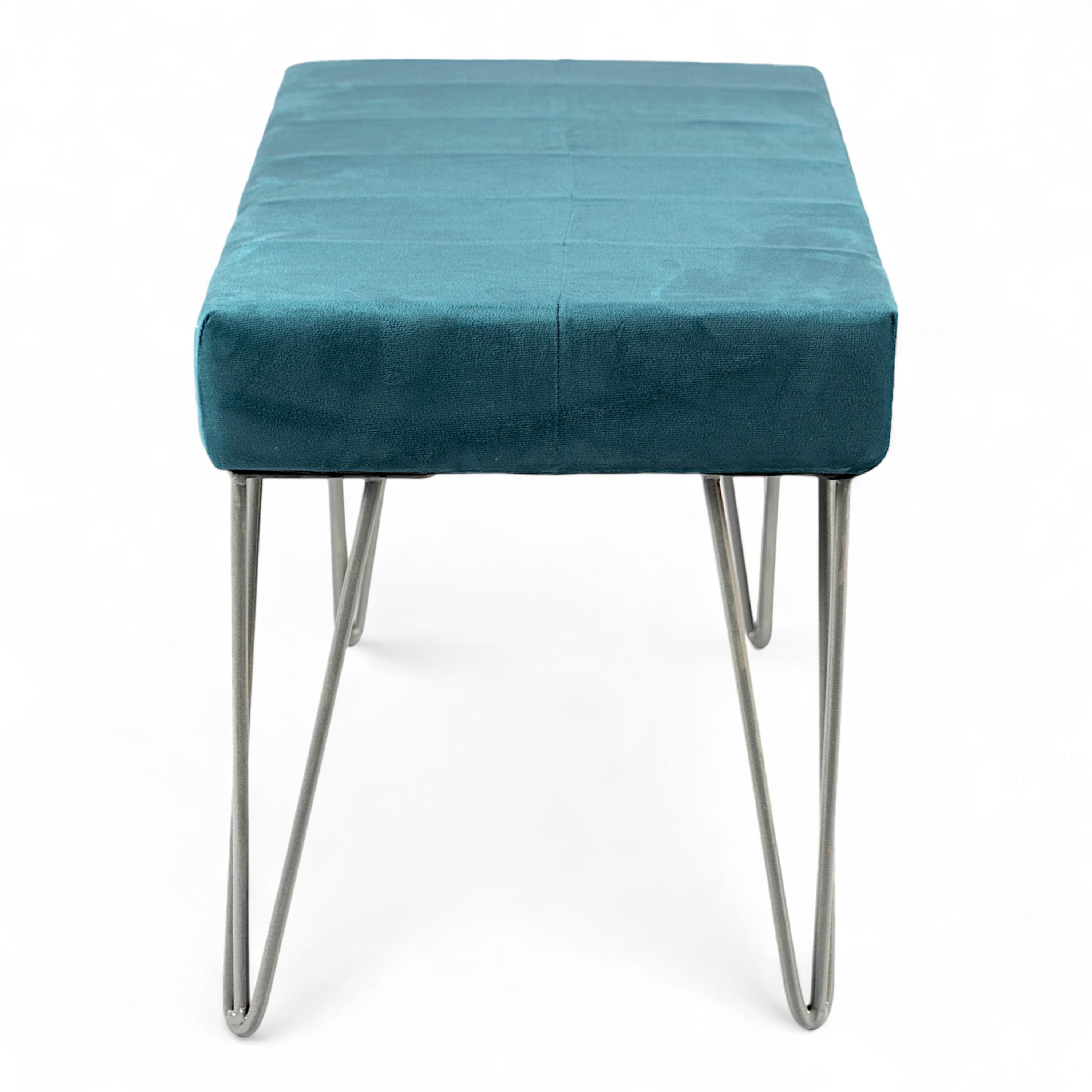 Belmont Sheesham Wood Accent 3 Seater Bench With Metal Legs In Turquoise Sea Velvet