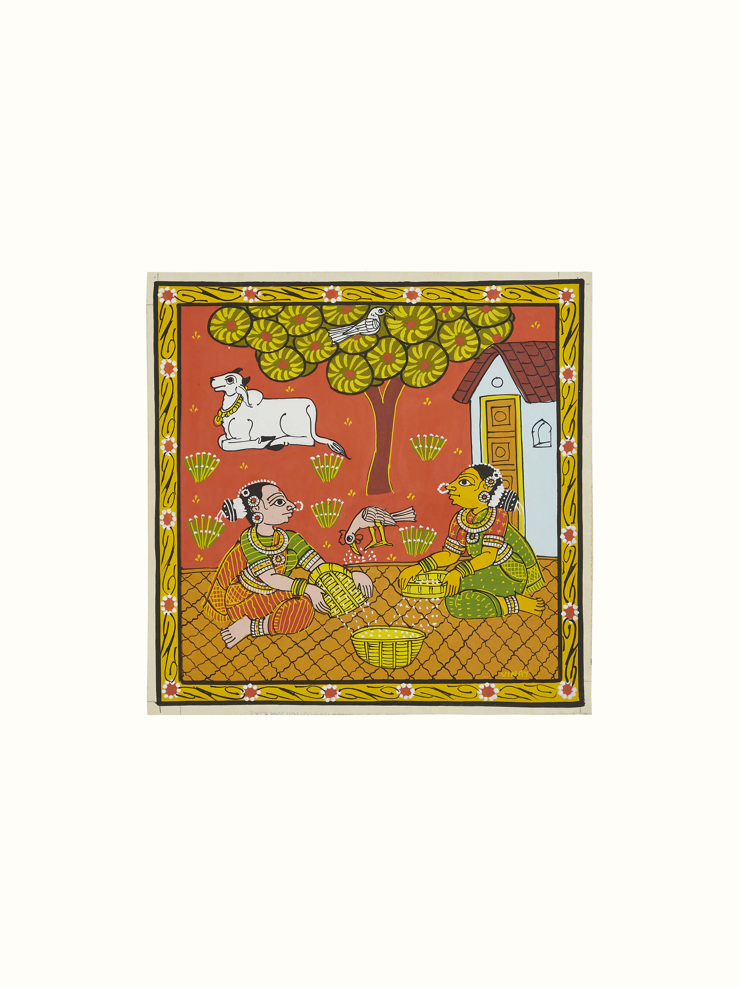 Close-up of Cheriyal Village Women Painting, focusing on the fine craftsmanship and texture of the artwork