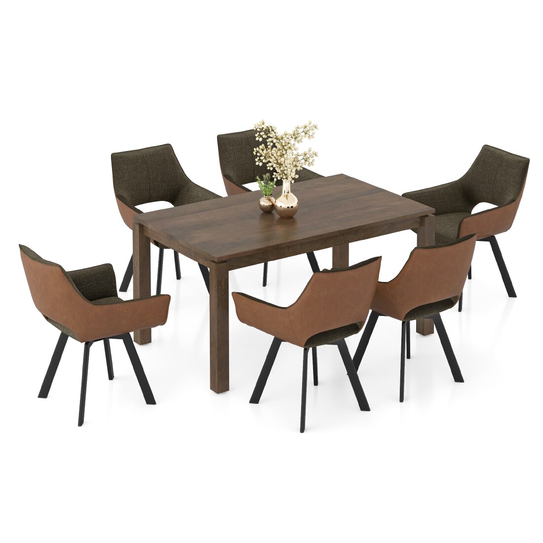 Atlas Solid Wood 6 Seater Compact Dining Table In Danish Walnut Finish With set of 6 Casey Swivel Dining Chair in Dual Tone