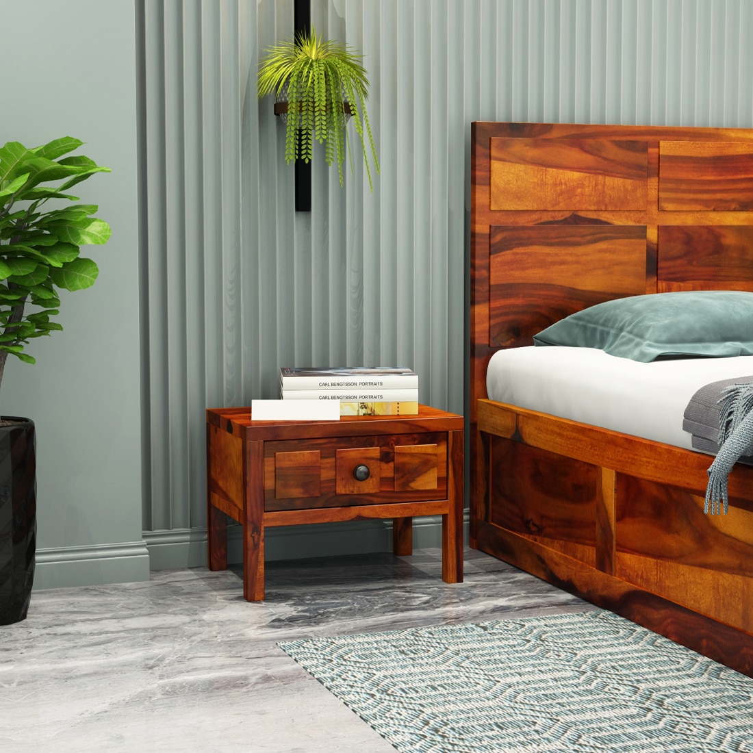 Square Solid Wood Box Bedside Table in Honey Finish