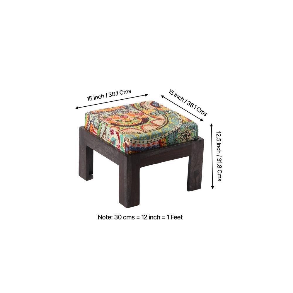 Blane Sheesham Wood Coffee Table With 4 Stools Set In Mahogany Finish & Multi Colour Israel Print Kantha Fabric Cushions