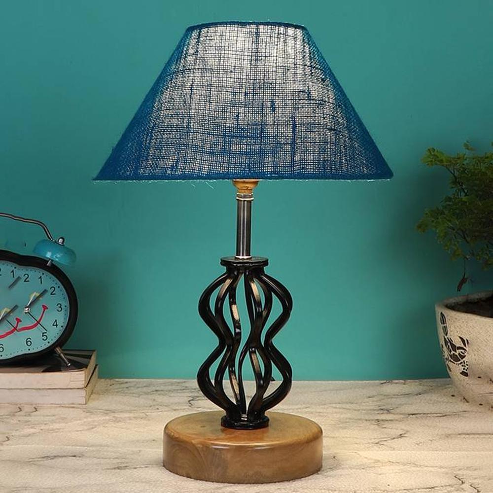 Evelynn Turquoise Jute Table lamp with Wood & Iron Base - Devansh