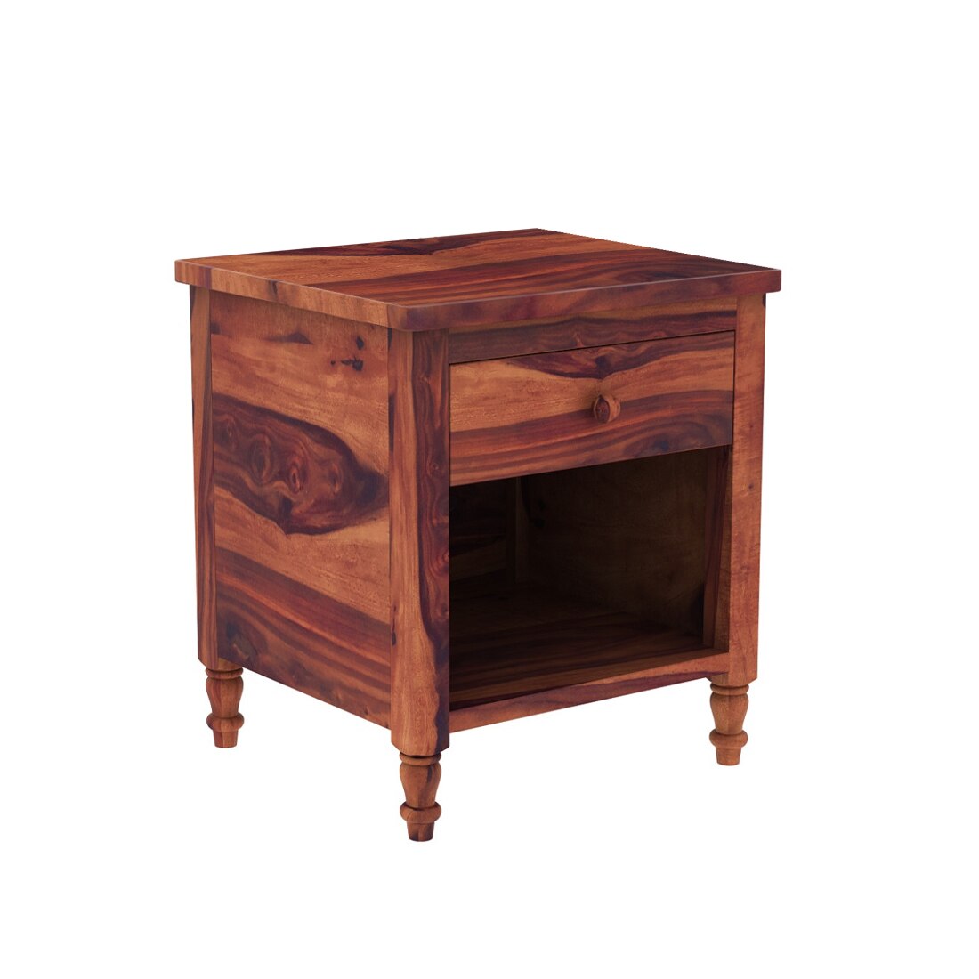 TurningSolid Wood  Bedside Table in Teak Finish