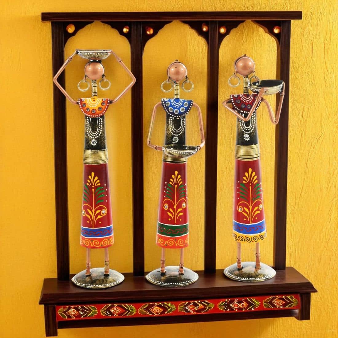 Desert Art Metal Handpainted Rural Lady Showpiece Set of 3 in Red Colour - Desert Art