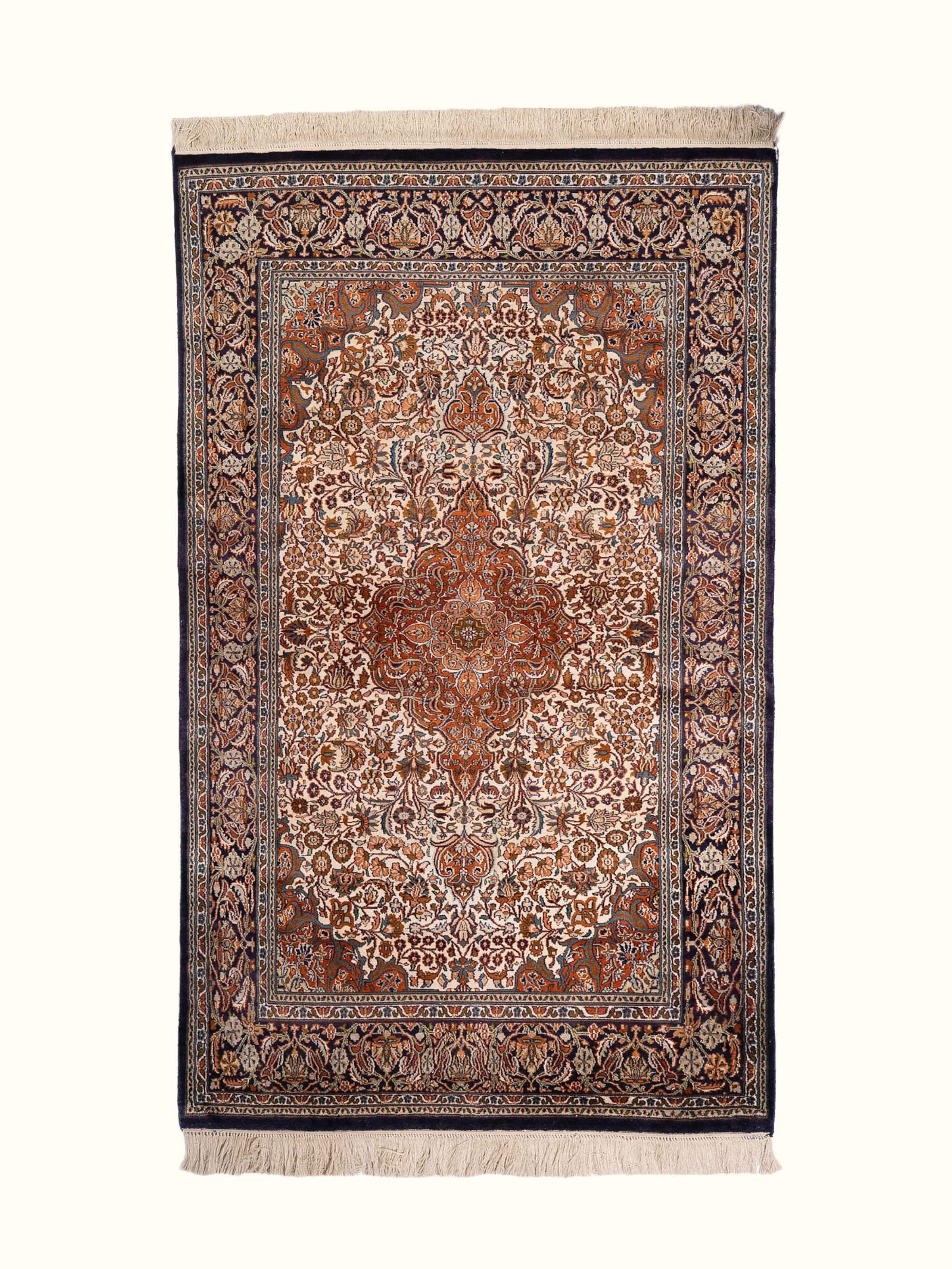 Traditional Persian Ivory Rust Kashan Kashmir Silk Hand-Knotted Carpet