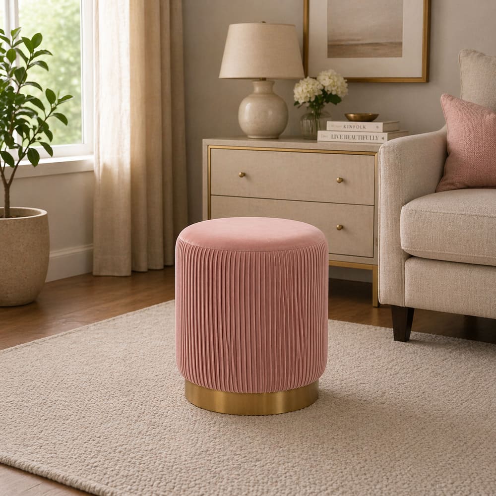 Doe Buck Damato Luxury Velvet Round Ottoman in Pink Colour with Gold Base - Doe Buck