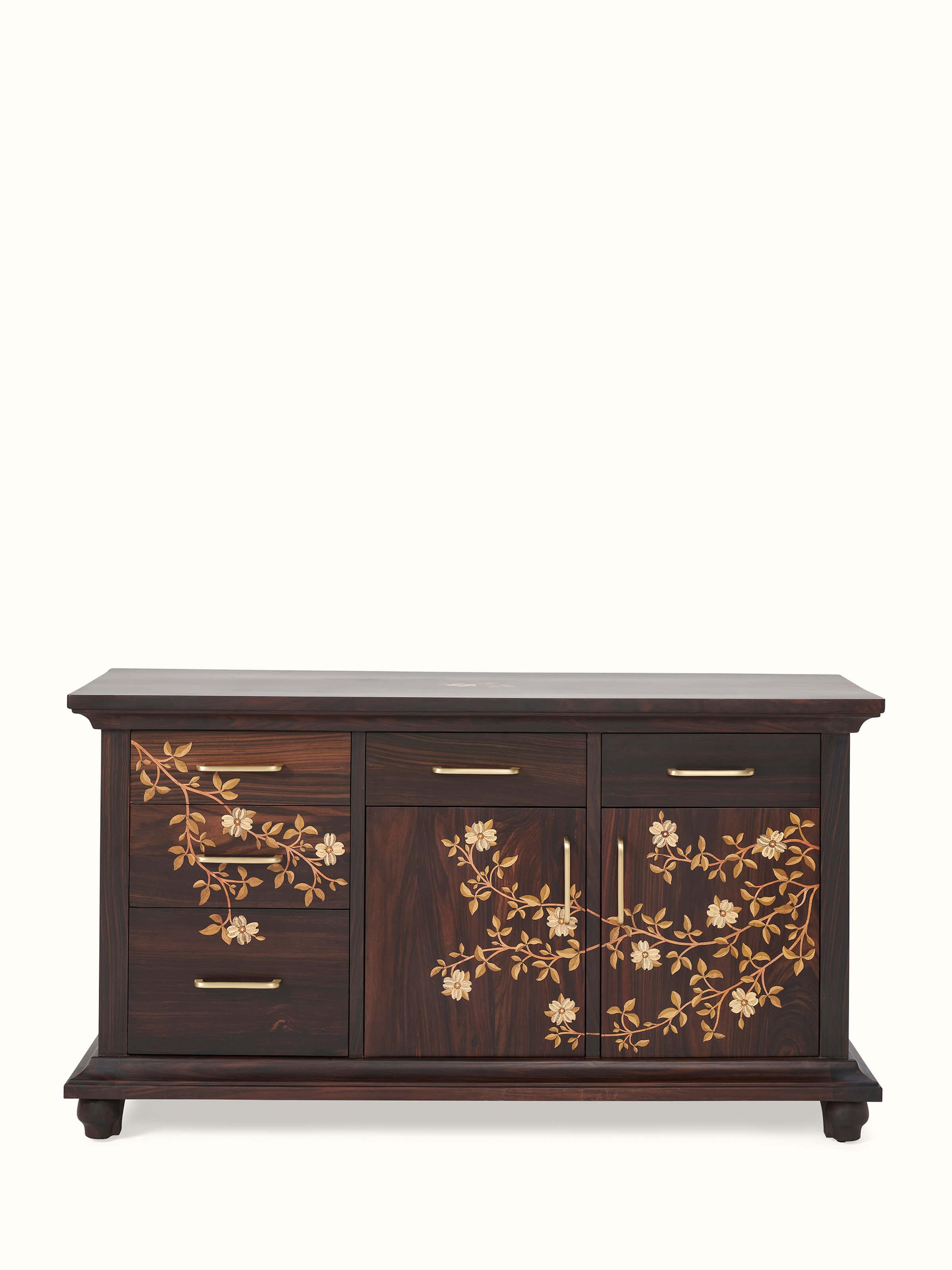 Front view of Masaurhi engineered wood and rosewood inlaid sideboard, showcasing the intricate inlay details and elegant design.