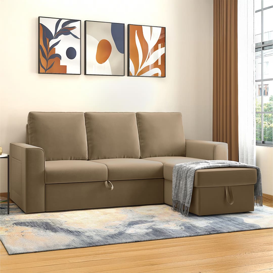 Kowloon Sectional 3 Seater Pull Out  Sofa Cum Bed with Storage in Fawn Velvet Colour - Urban Ladder