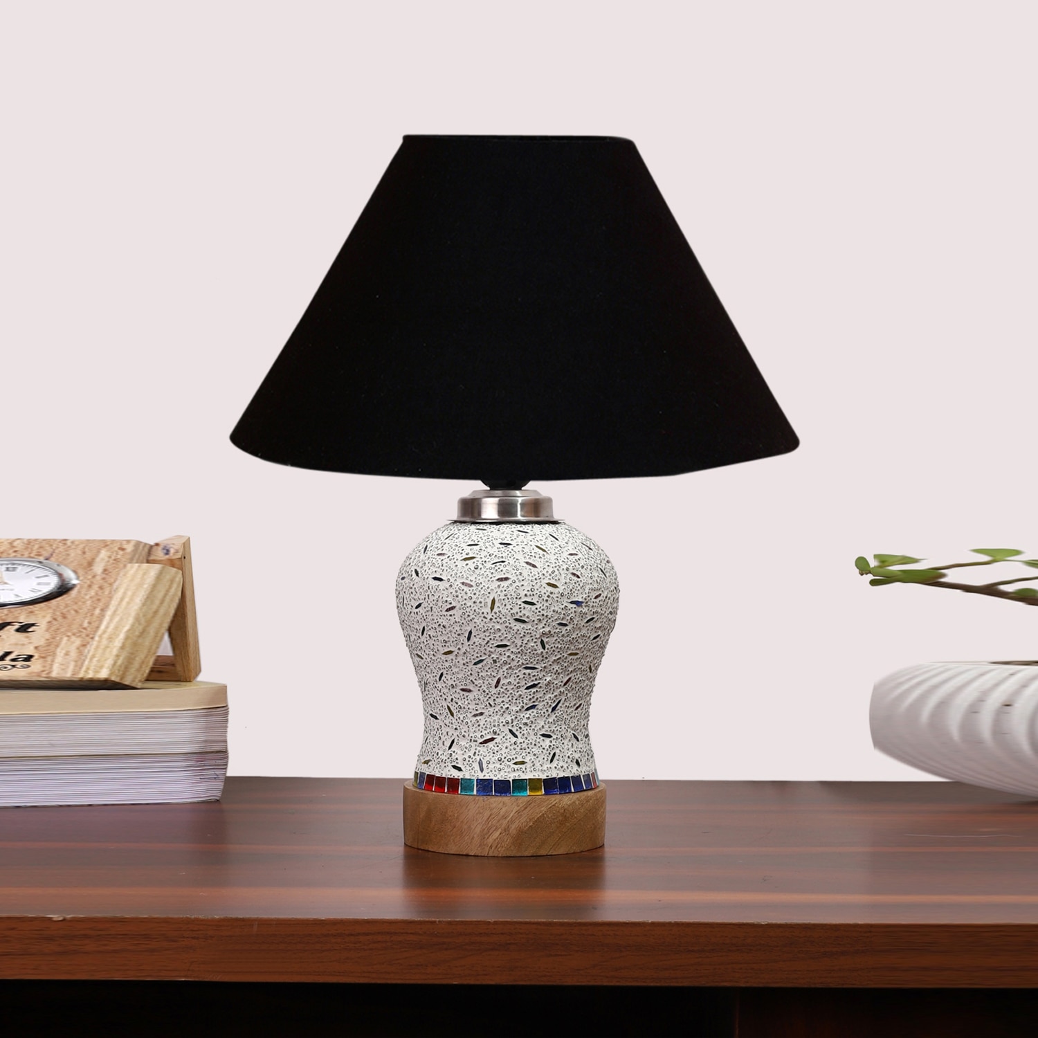 Devansh Conical Black Cotton Shade Lamp With Wood & Mosaic Glass Base For Decoration/Office/Home/Gifting/Study For Decoration/Office/Home/Gifting/Study -(10X10X14.5) Inches -A