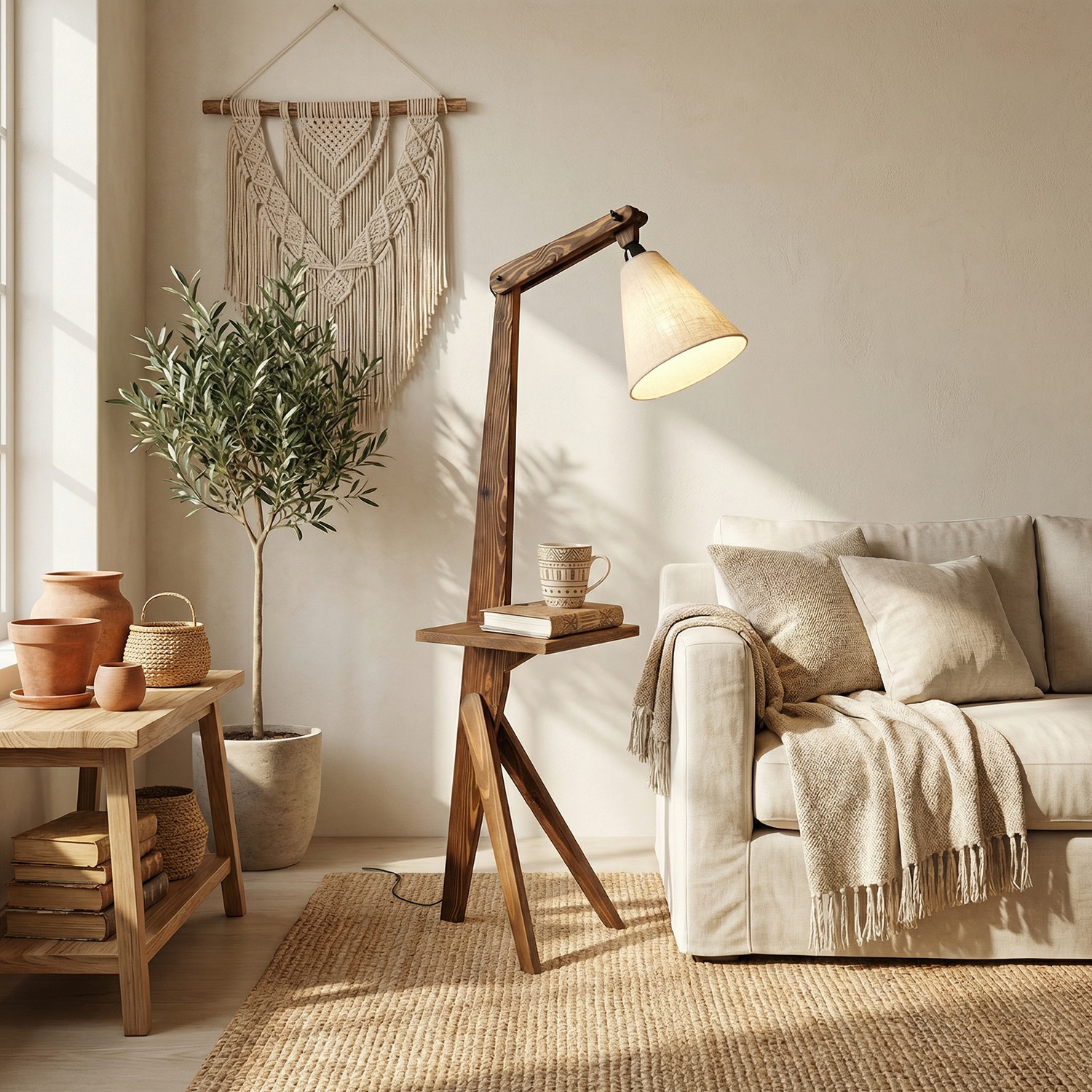 Hubert Beige Jute Floor Lamp with Beige Jute Base