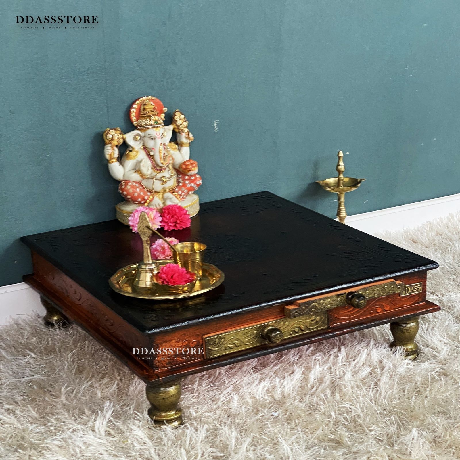 D'Dass Copper Mdf and Sheesham Wooden Pooja Chowki With Drawer - D'DASS