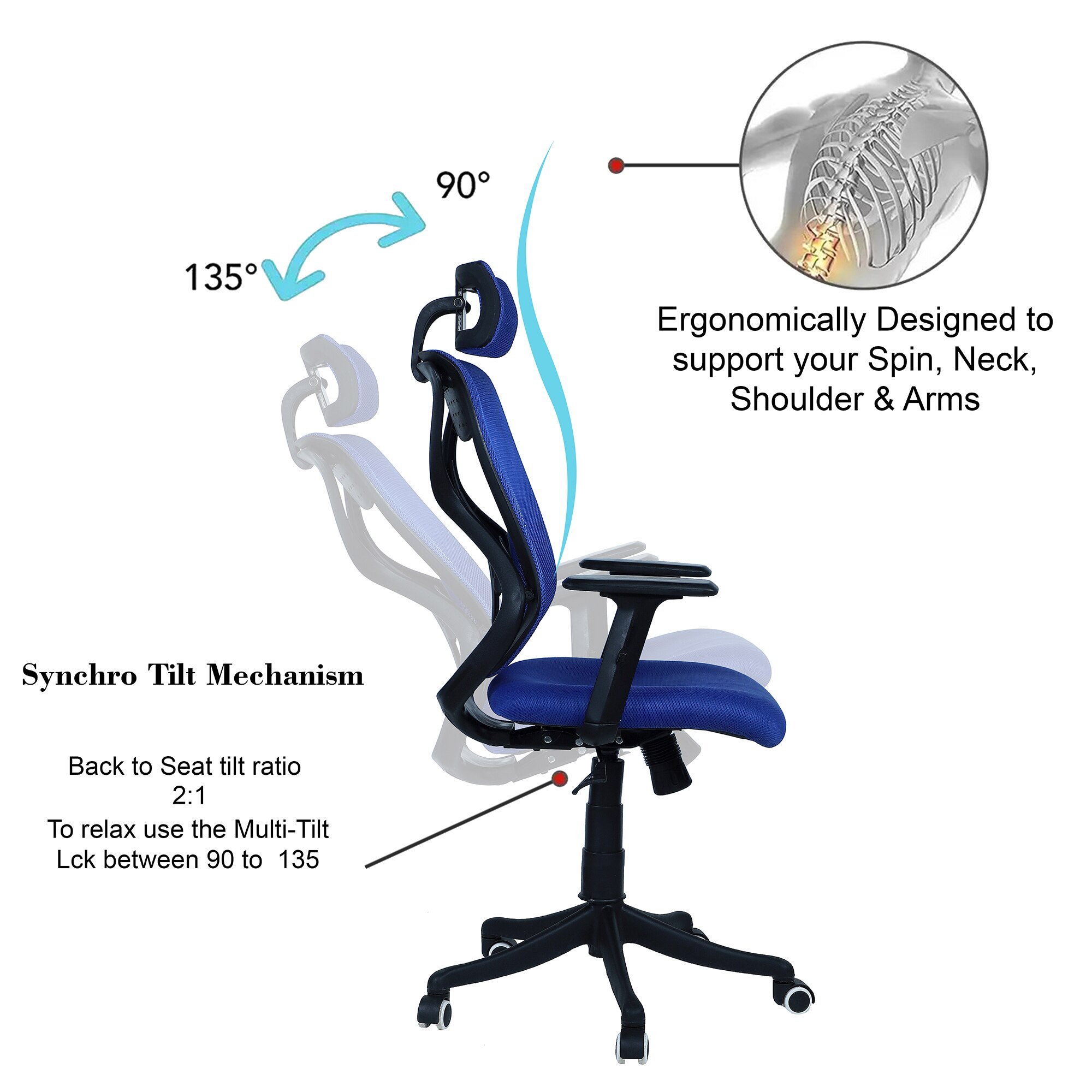 Zeeazyana High Back Ergonomic Chair in Blue Colour