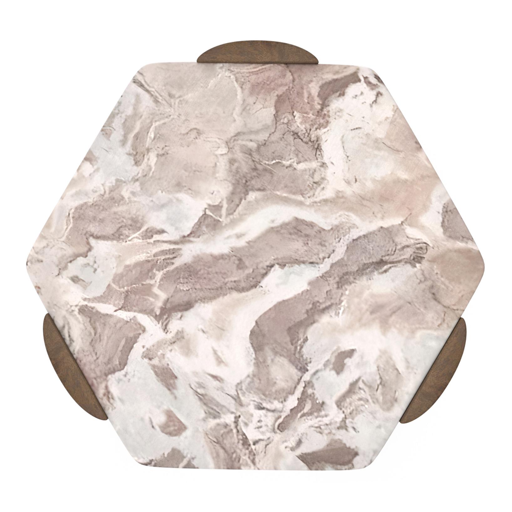 Kanso Hexagon Toronto Marble and Solid Wood Side Table in Danish Walnut Finish