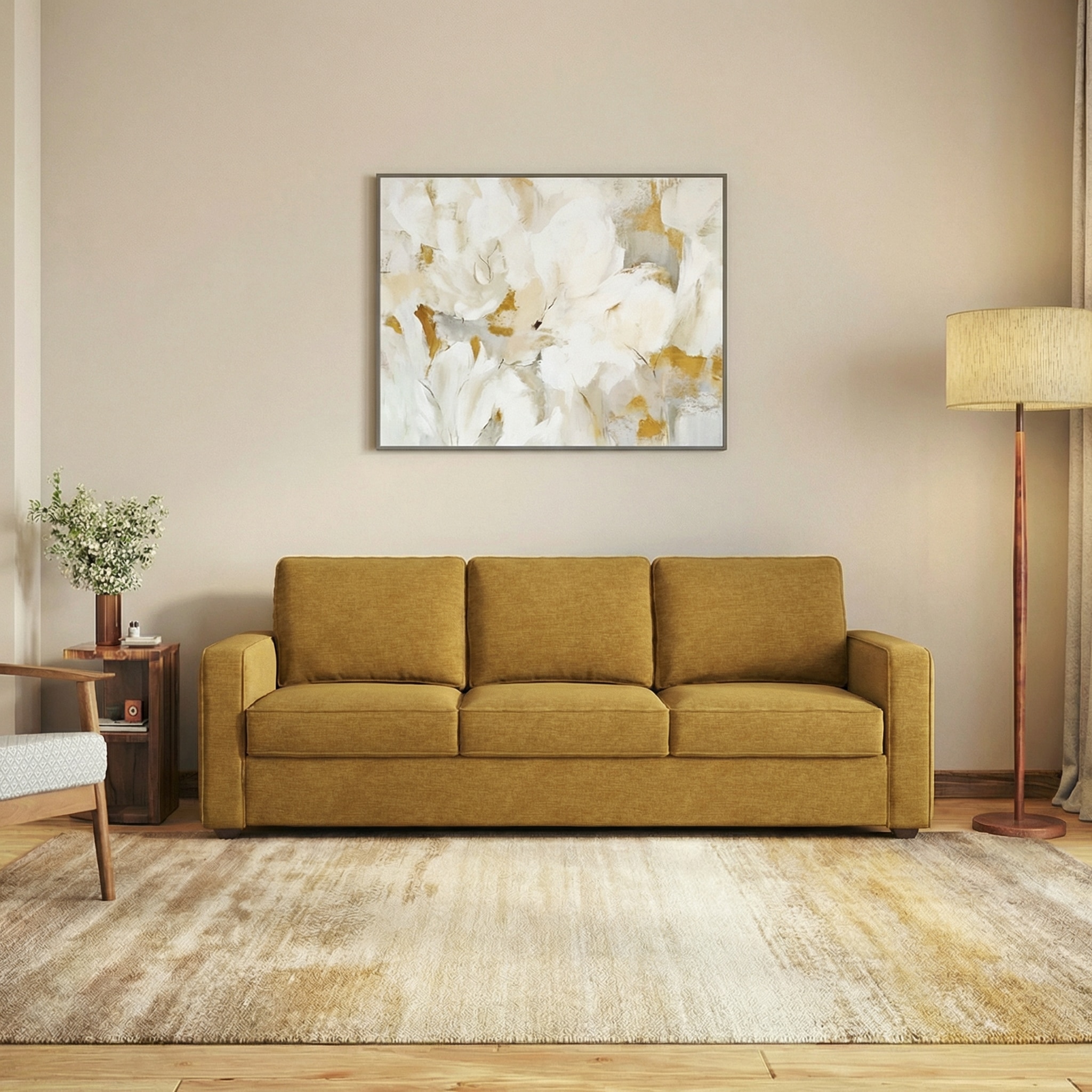 Apollo High Back 3 Seater Fabric Sofa in Ochre Colour - Urban Ladder