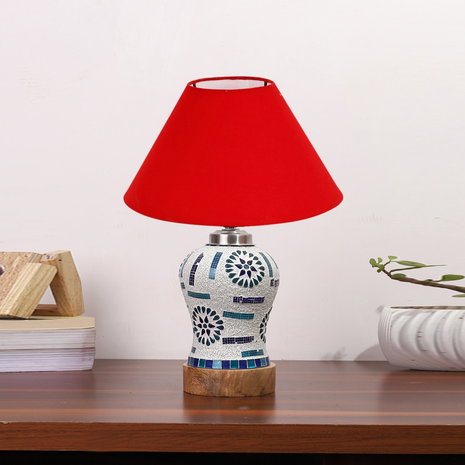 Devansh Conical Red Cotton Shade Lamp With Wood & Mosaic Glass Base For Decoration/Office/Home/Gifting/Study For Decoration/Office/Home/Gifting/Study -(10X10X14.5) Inches -A