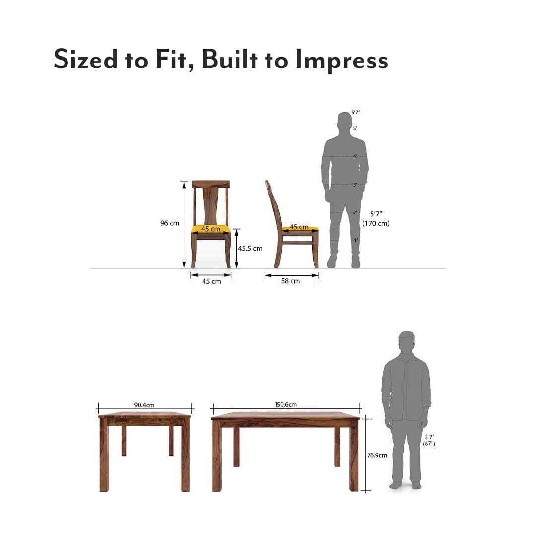 Arabia-Fabio 6 Seater Dining Table With Set Of 6 Chairs (Colour- Matty Yellow, Finish- Teak)
