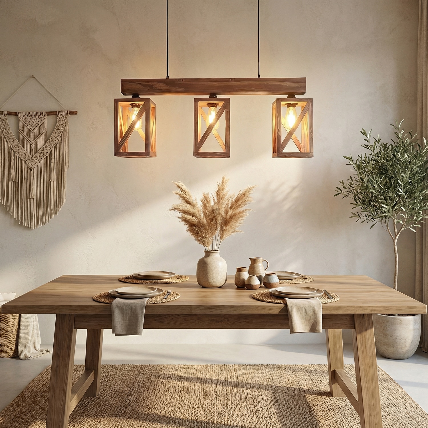 Symmetric Brown Solid Wood Cluster Hanging Light