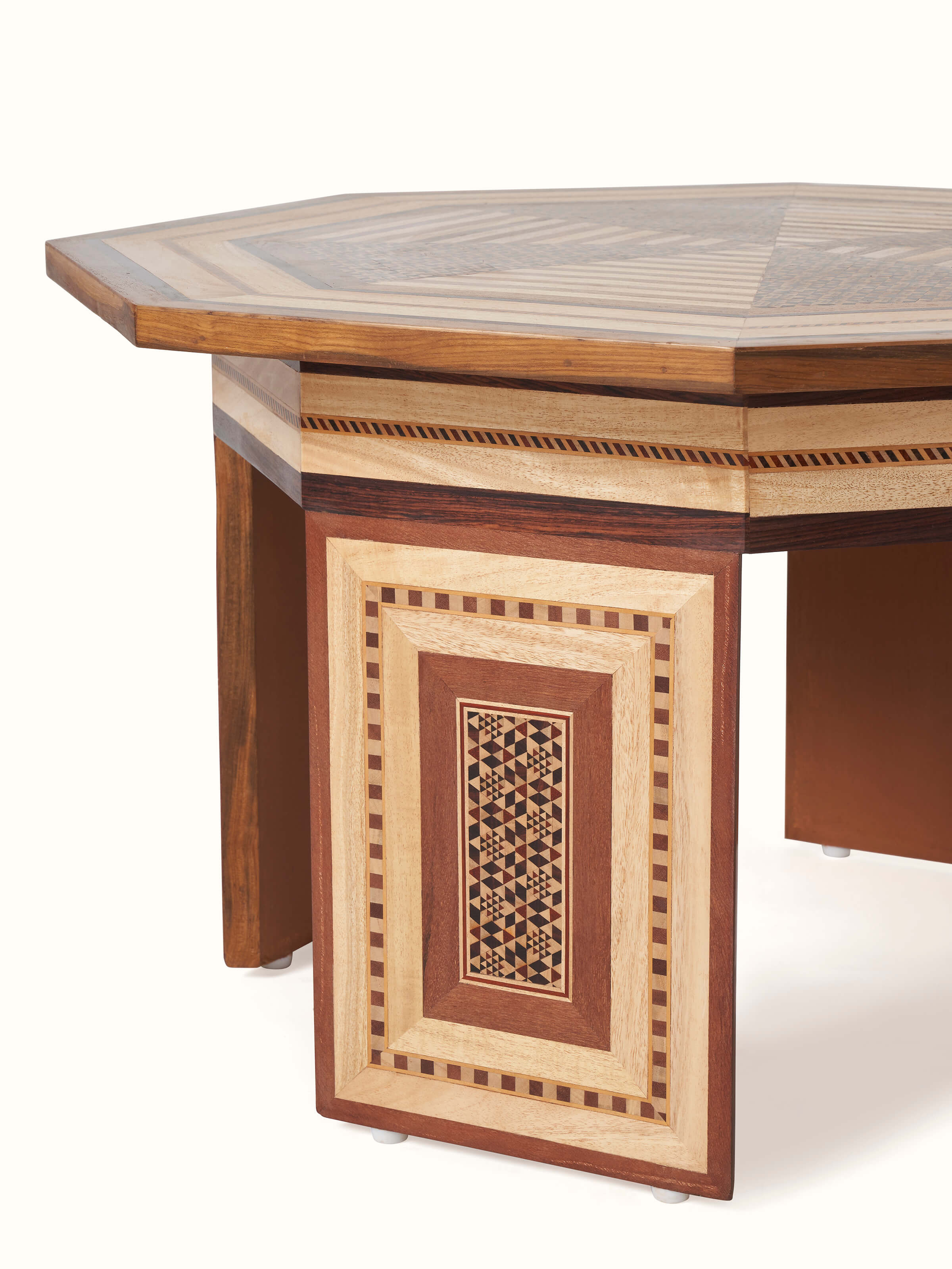 Side view of Teak Marquetry Coffee Table emphasizing the craftsmanship and wood finish