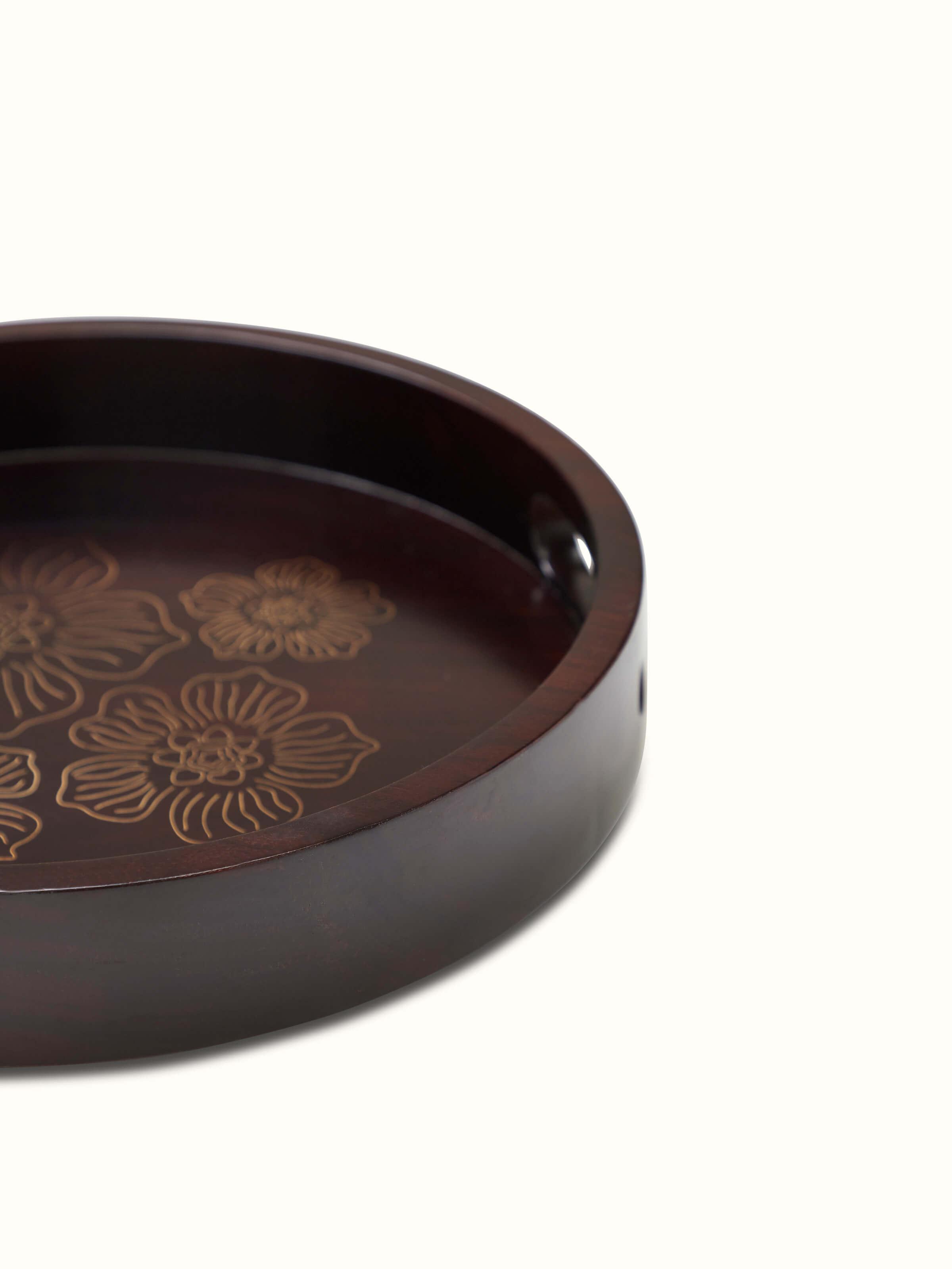 Top view of Tarkashi sheesham wood & brass tray, showcasing the detailed inlay design and smooth wood surface.