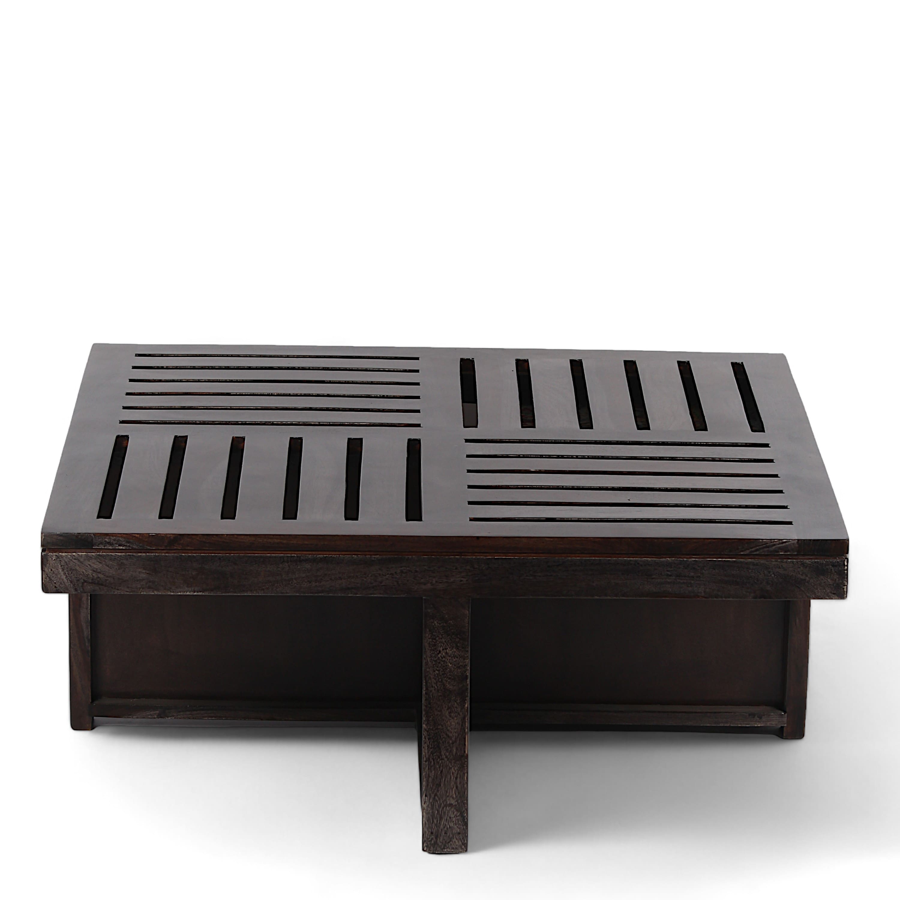 Palladio Sheesham Wood Coffee Table With 4 Stools Set In Mahogany Finish & Multi Colour Israel Print Kantha Fabric Cushions