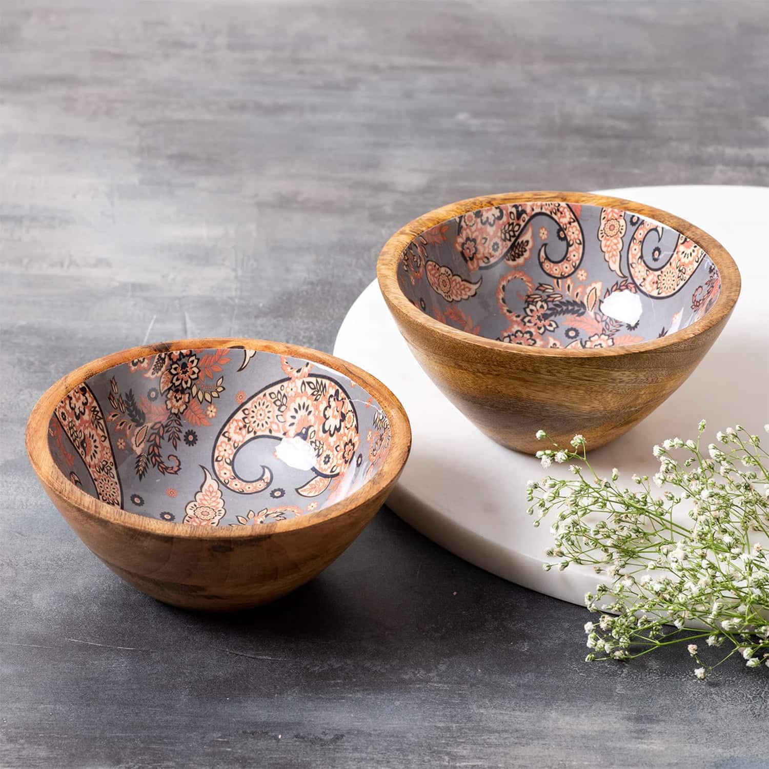 Allure Paisley Mango Wood Bowl Grey Set Of 2