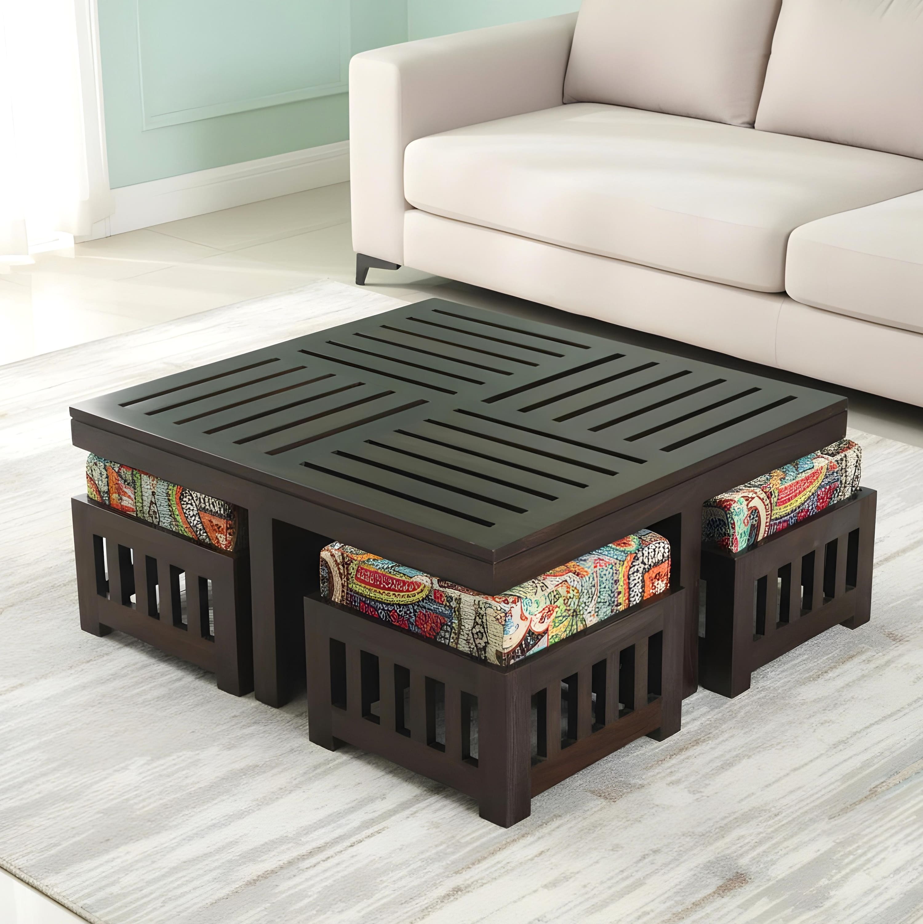 Palladio Sheesham Wood Coffee Table With 4 Stools Set In Mahogany Finish & Multi Colour Israel Print Kantha Fabric Cushions