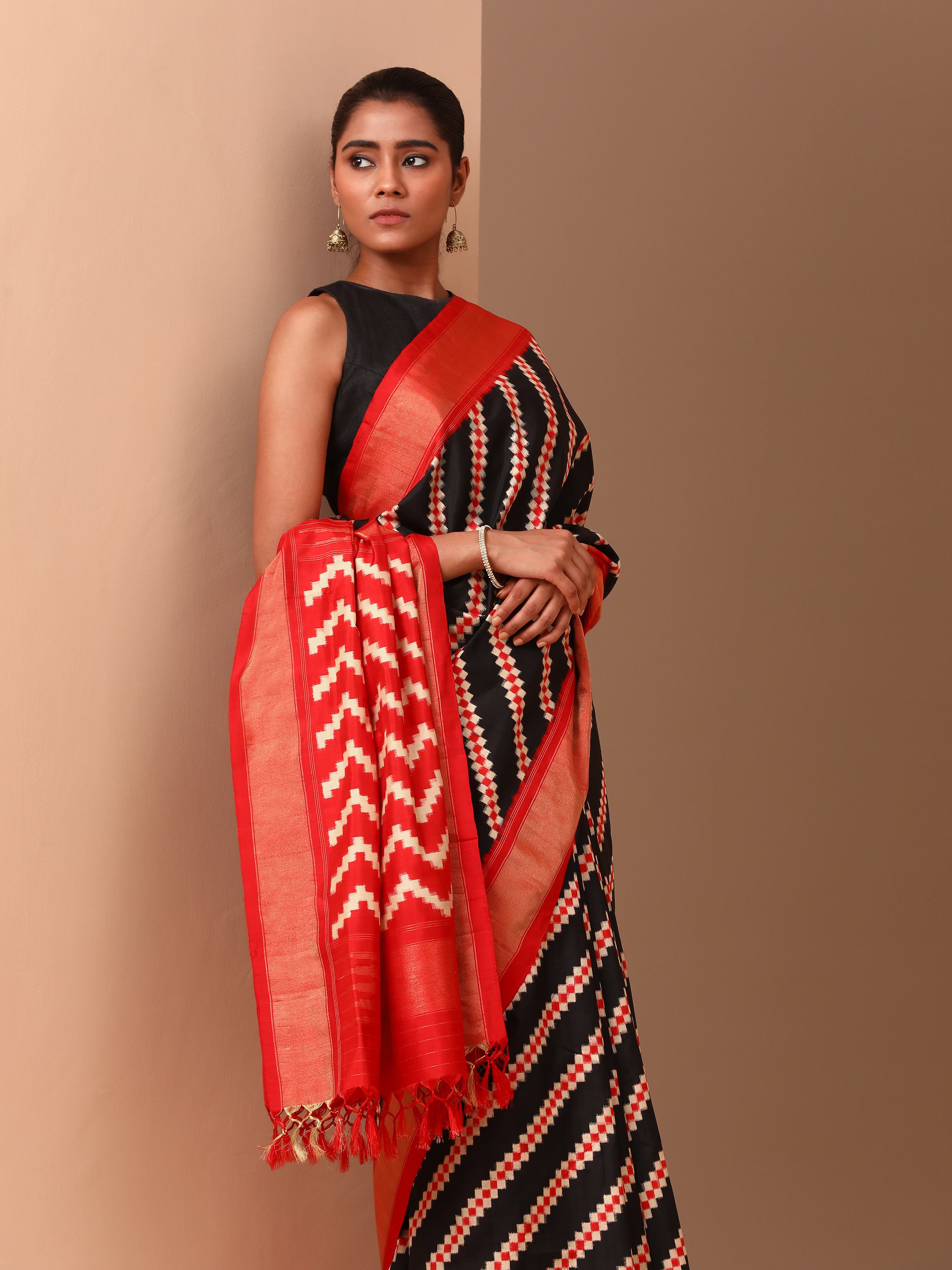 Back view displaying full drape and craftsmanship of Pochampally double Ikat saree.
