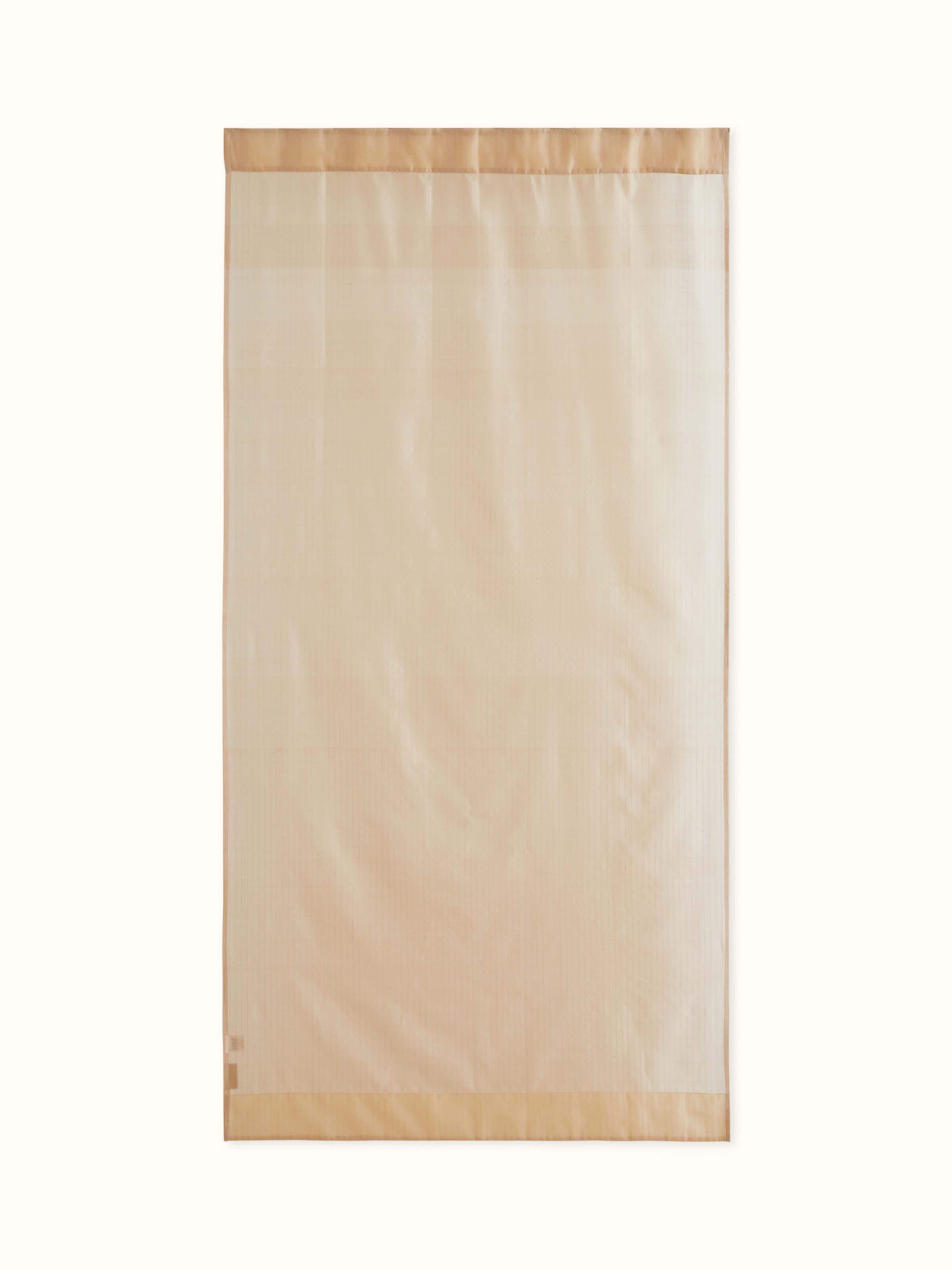 Front view of beige Maheshwari sheer curtain with metallic stripes in silk cotton blend, 7 ft length.